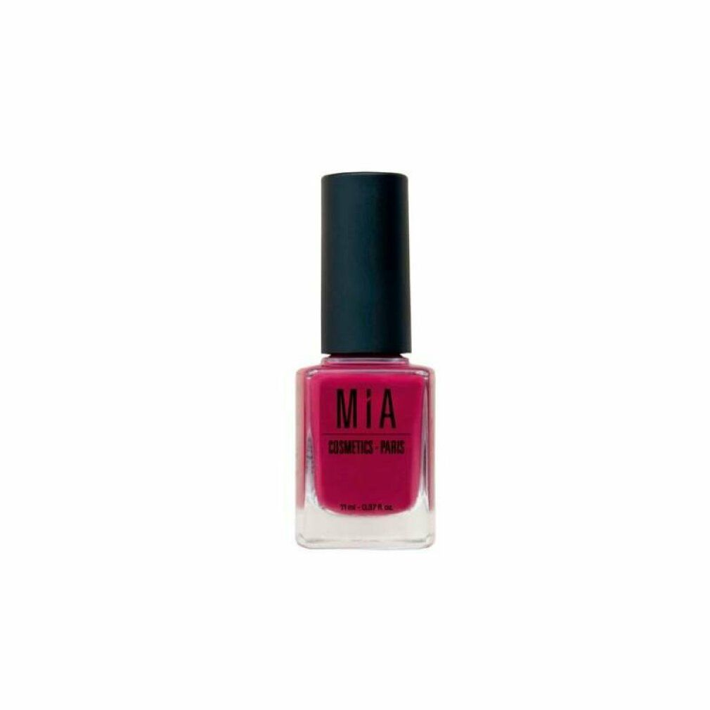Nagellackflasche mit schwarzem Deckel. Aufschrift: MIA COSMETICS - PARIS. Farbe: Crimson Cherry.