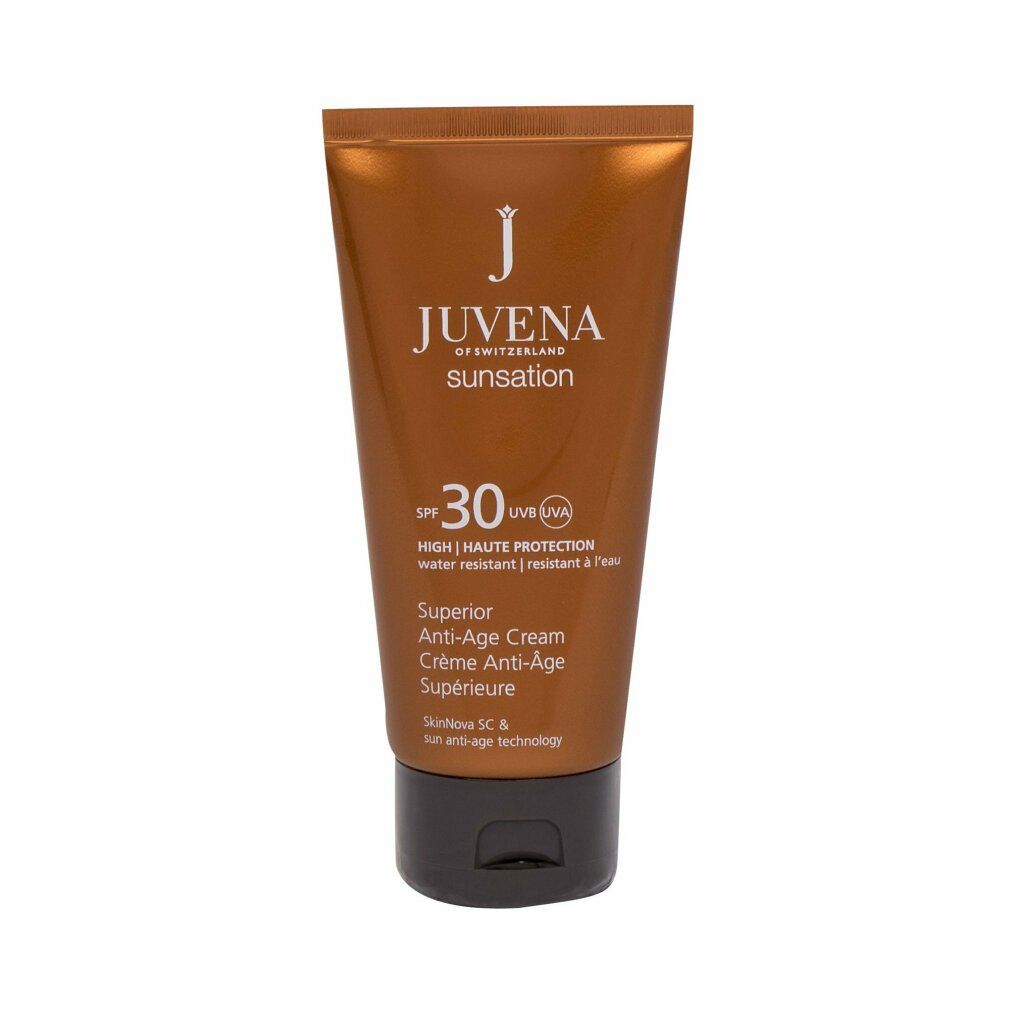 Braune Tube. Aufschrift: Juvena Sunsation Superior Anti-Age Cream SPF30. Wasserfest.