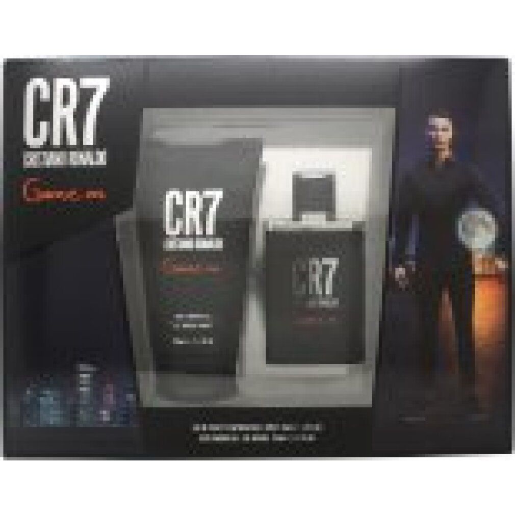 Geschenkset mit CR7-Duft, Duschgel und Cristiano Ronaldo-Bild. Schwarze Verpackung mit weißem Text.