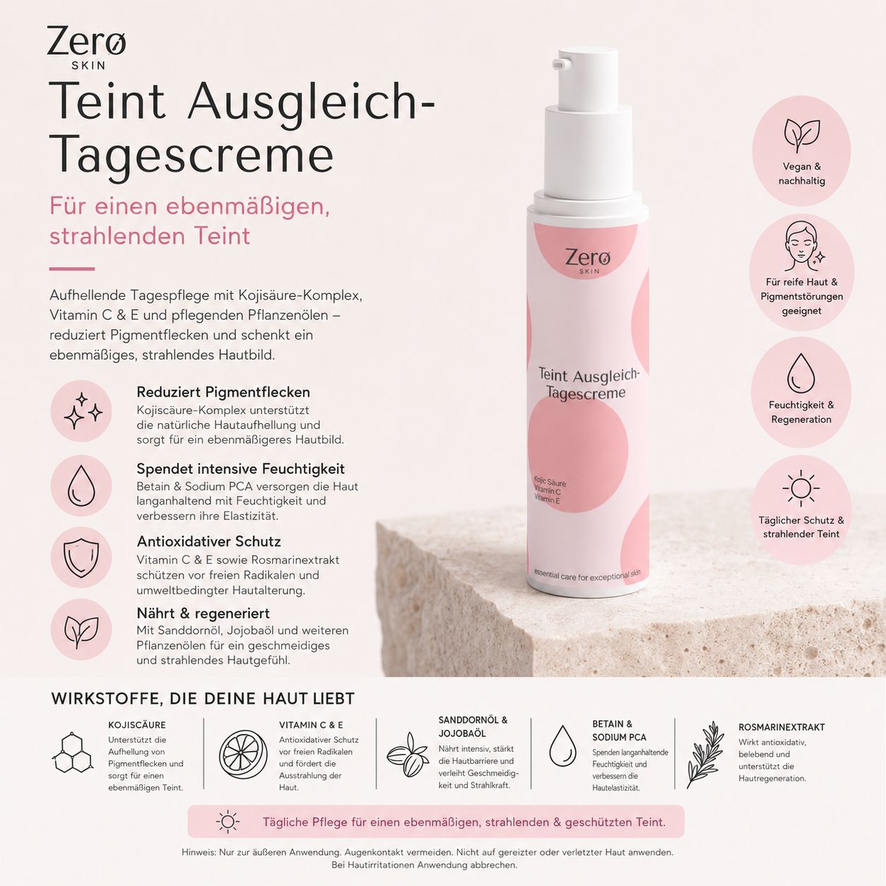 Werbebild für Zero Skin Tagescreme. Flasche mit Text und rosa Punkten. Text und Icons auf weißem Hintergrund.