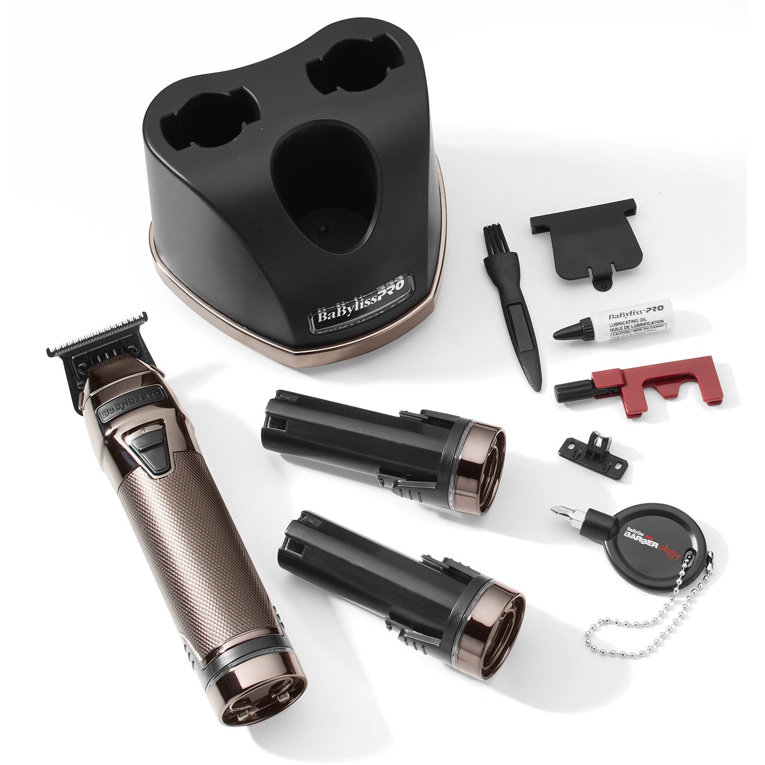 Barttrimmer-Set mit Zubehör. Schwarz und Bronze. BaBylissPRO-Logo. Enthält Akkus, Bürsten, Aufsätze.