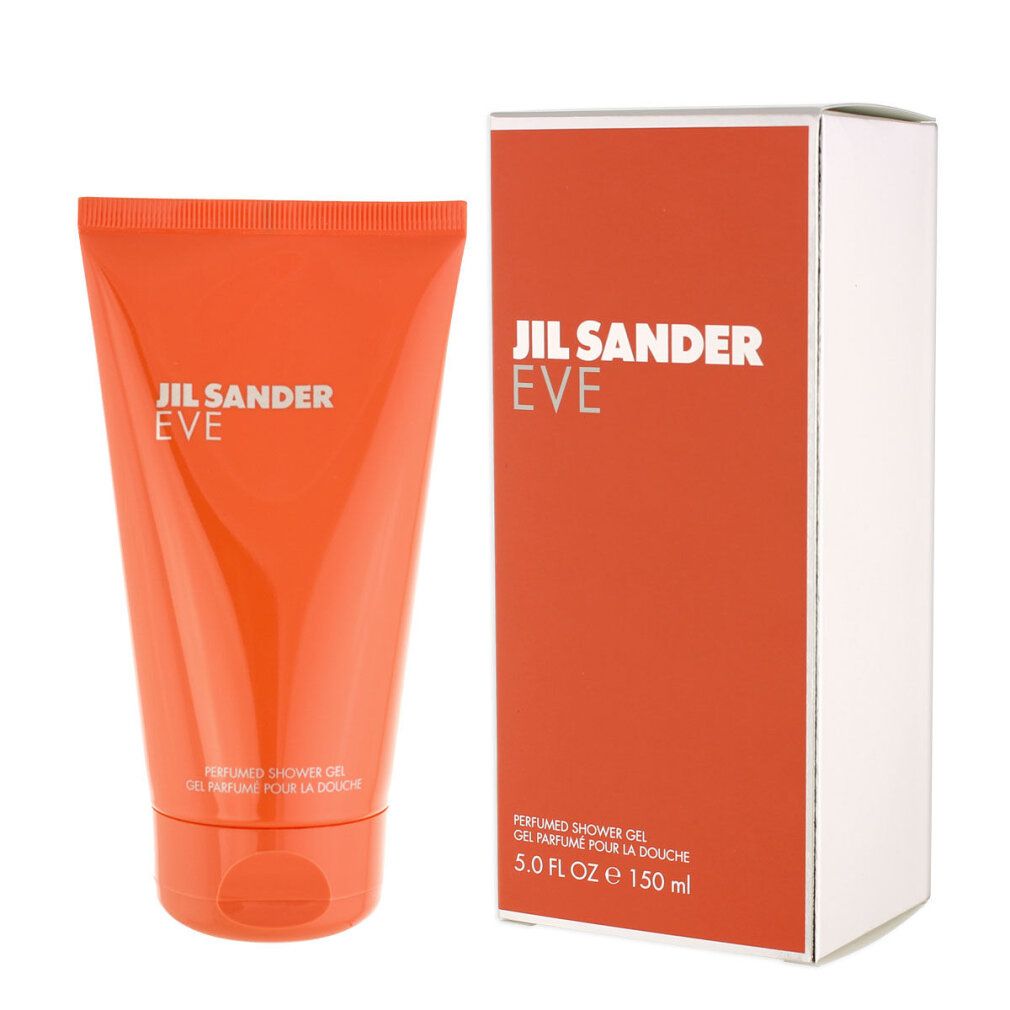 Orangefarbene Tube und Schachtel. Auf der Tube: JIL SANDER EVE. Auf der Schachtel: JIL SANDER EVE, PERFUMED SHOWER GEL, 5.0 FL OZ, 150 ml.