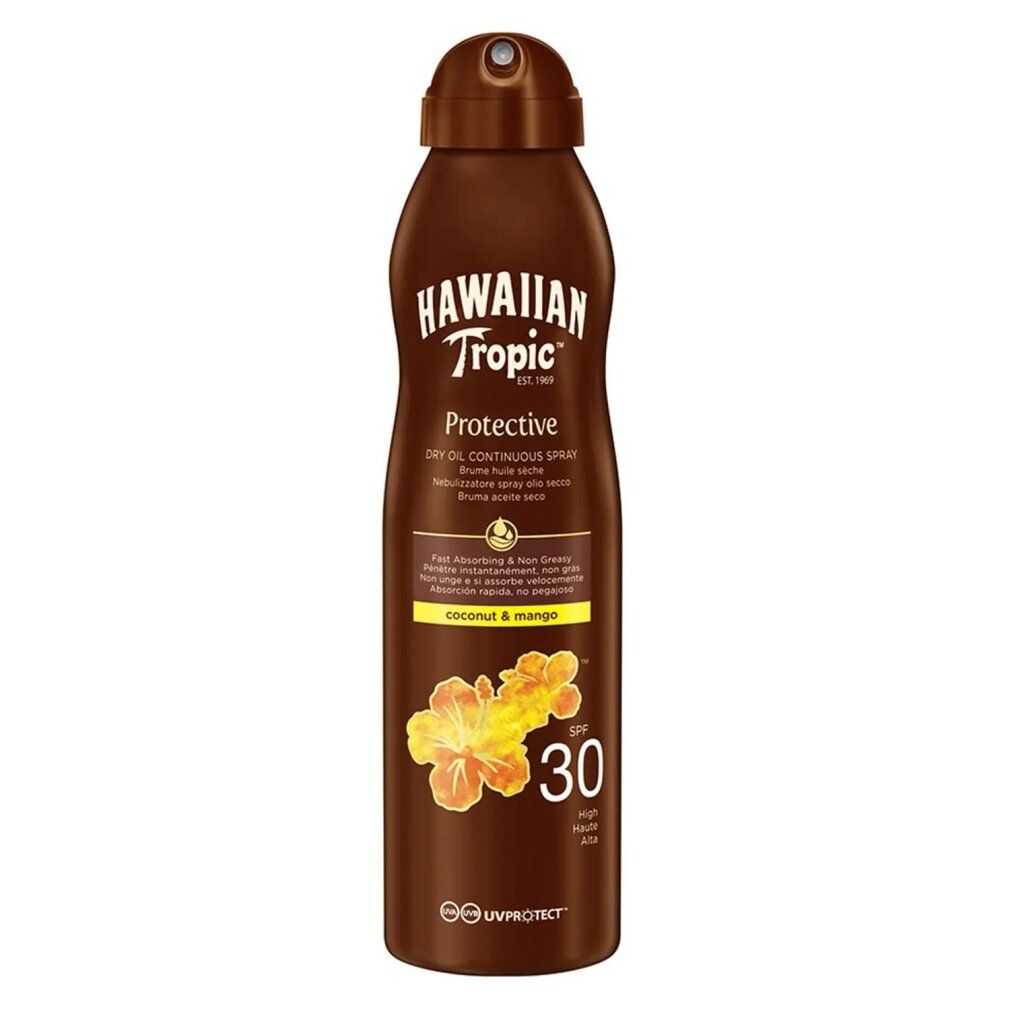 Braune Sprühflasche mit Hawaiian Tropic-Logo, SPF 30, Kokosnuss & Mango. Sichtbare Blüten-Illustration.