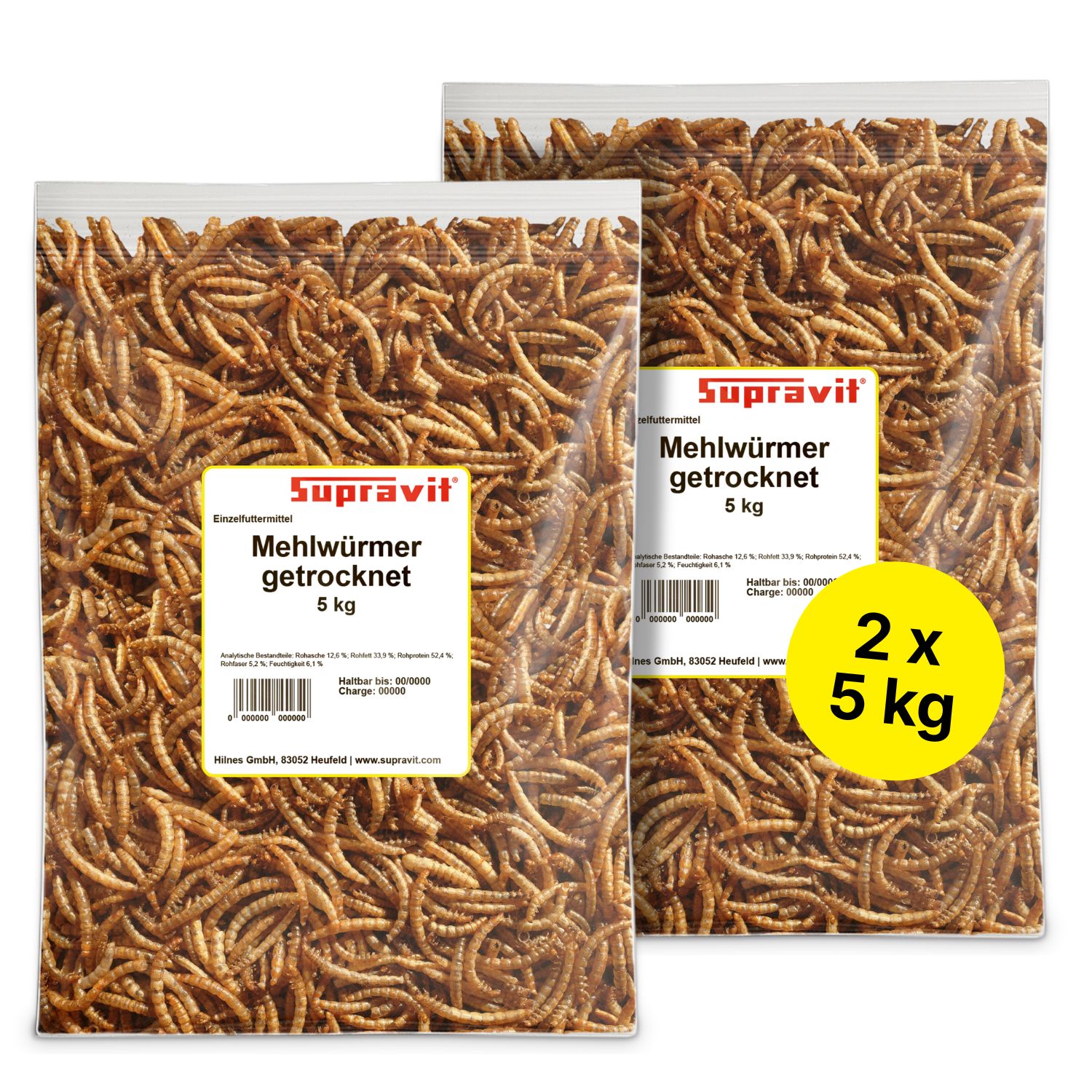 Zwei Beutel getrocknete Mehlwürmer, jeweils 5 kg. Marke: Supravit.