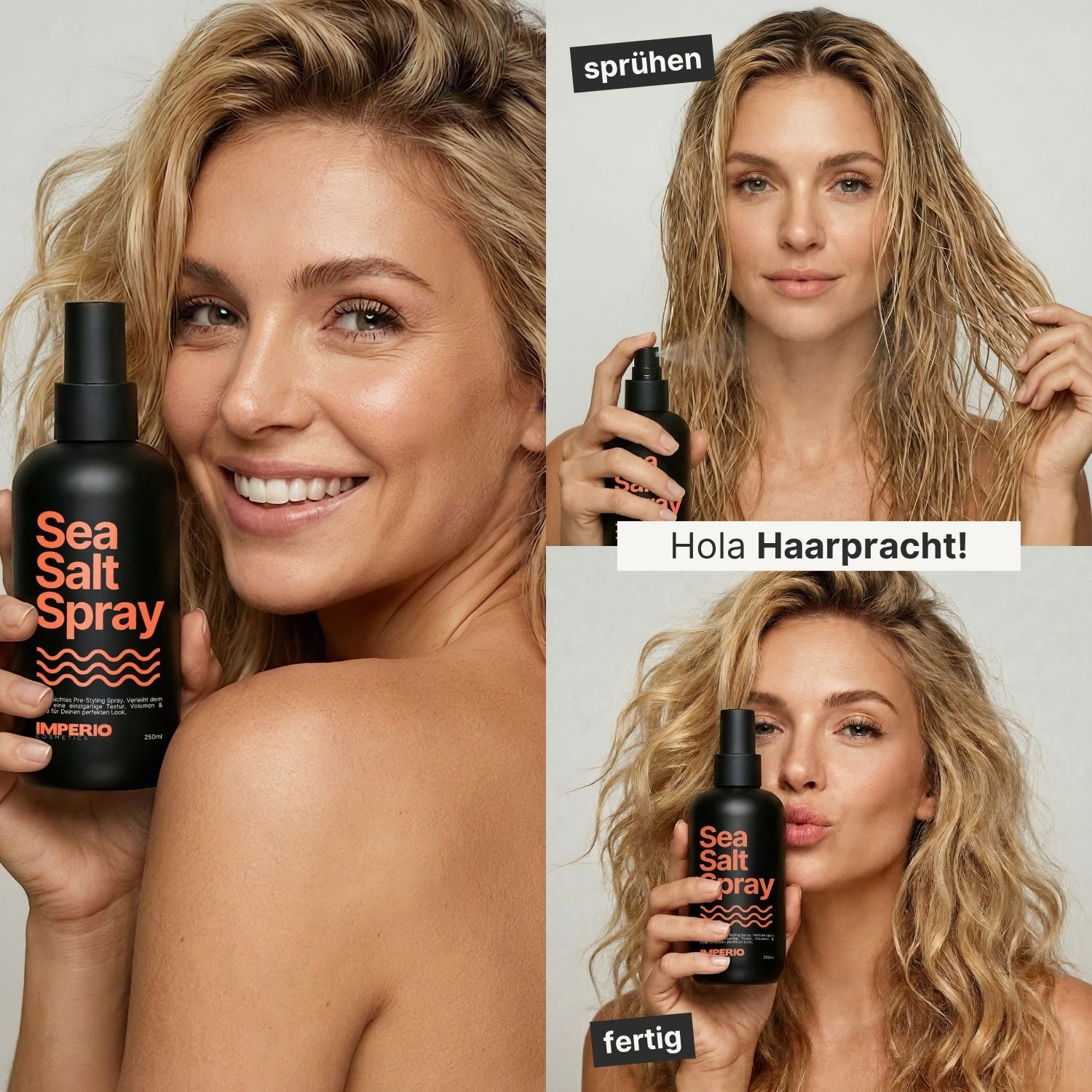 Frau mit IMPERIO Sea Salt Spray: Vorher, Anwendung, Nachher.
