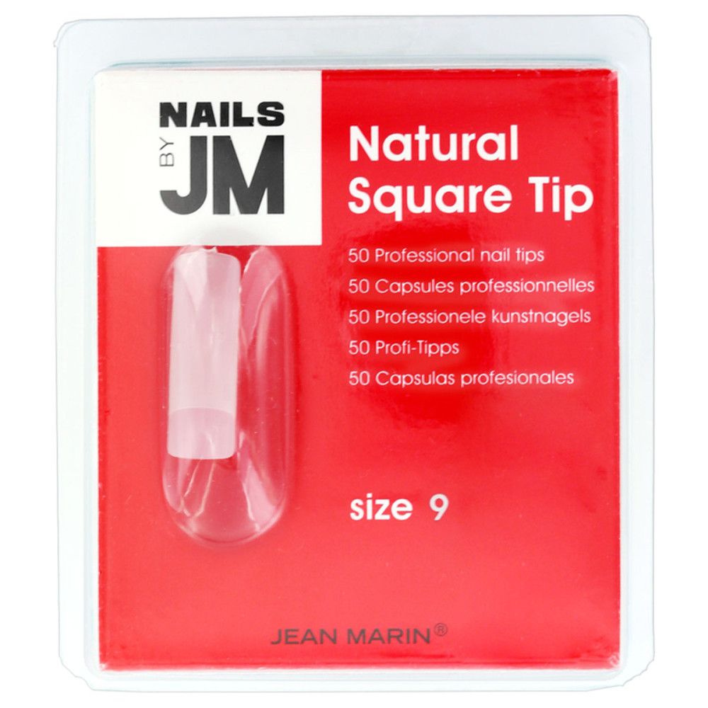 Verpackung mit Nagelspitzen. Aufschrift "Natural Square Tip", "size 9" und "JEAN MARIN". Enthält 50 Stück.