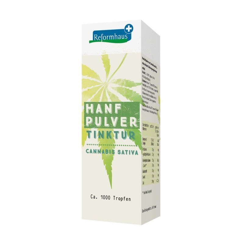 Weiße Verpackung mit Produktbezeichnung "Hanf Pulver Tinktur". Logo "Reformhaus". Cannabis Sativa-Abbildung.