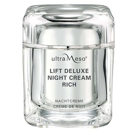 Creme-Glas mit silbernem Deckel. Aufschrift: ultraMeso, LIFT DELUXE NIGHT CREAM RICH, Nachtcreme, Crème de nuit.