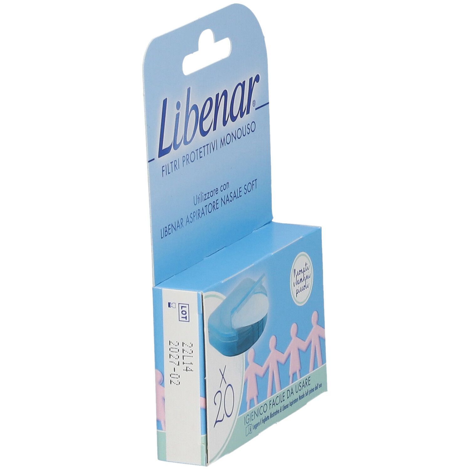 Confezione Libenar Filtri Protettivi Monouso. Scatola blu con immagine del prodotto e testo. Contiene 20 pezzi.