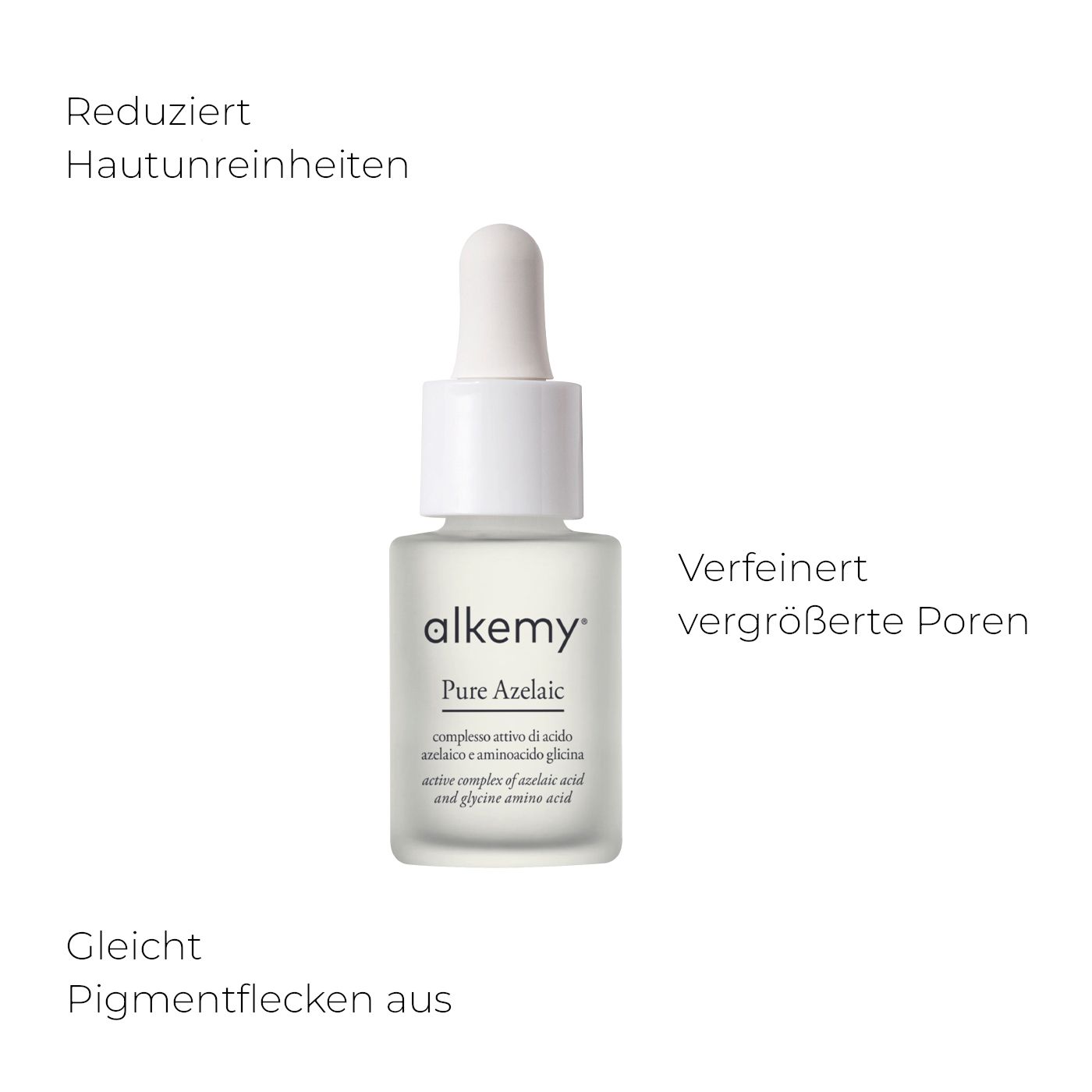 Alkemy Pure Azelaic Serum Flasche mit deutschen Textangaben zu Hautverbesserungen.