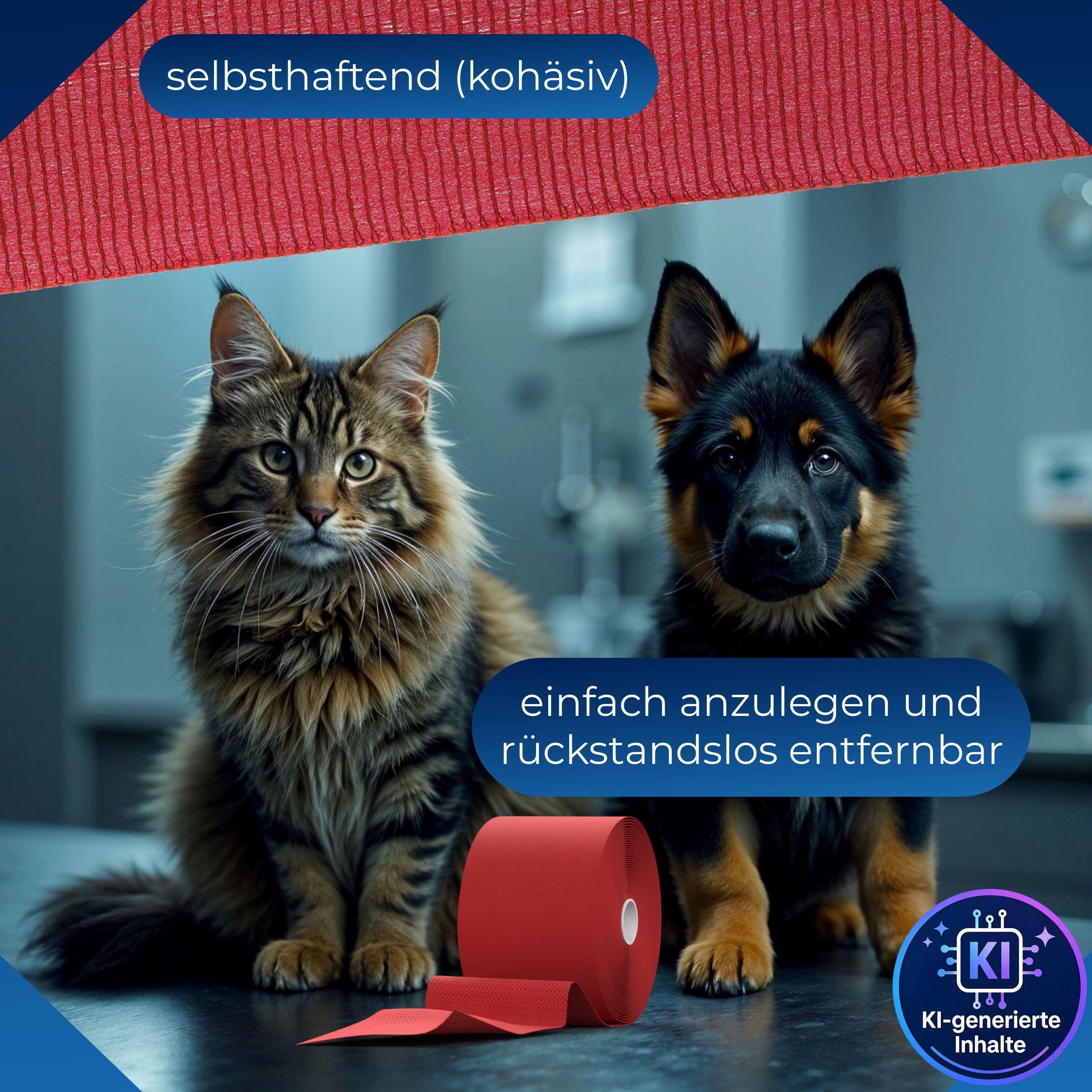 Rote, selbsthaftende Fixierbinde. Einfach anzulegen und rückstandslos entfernbar.