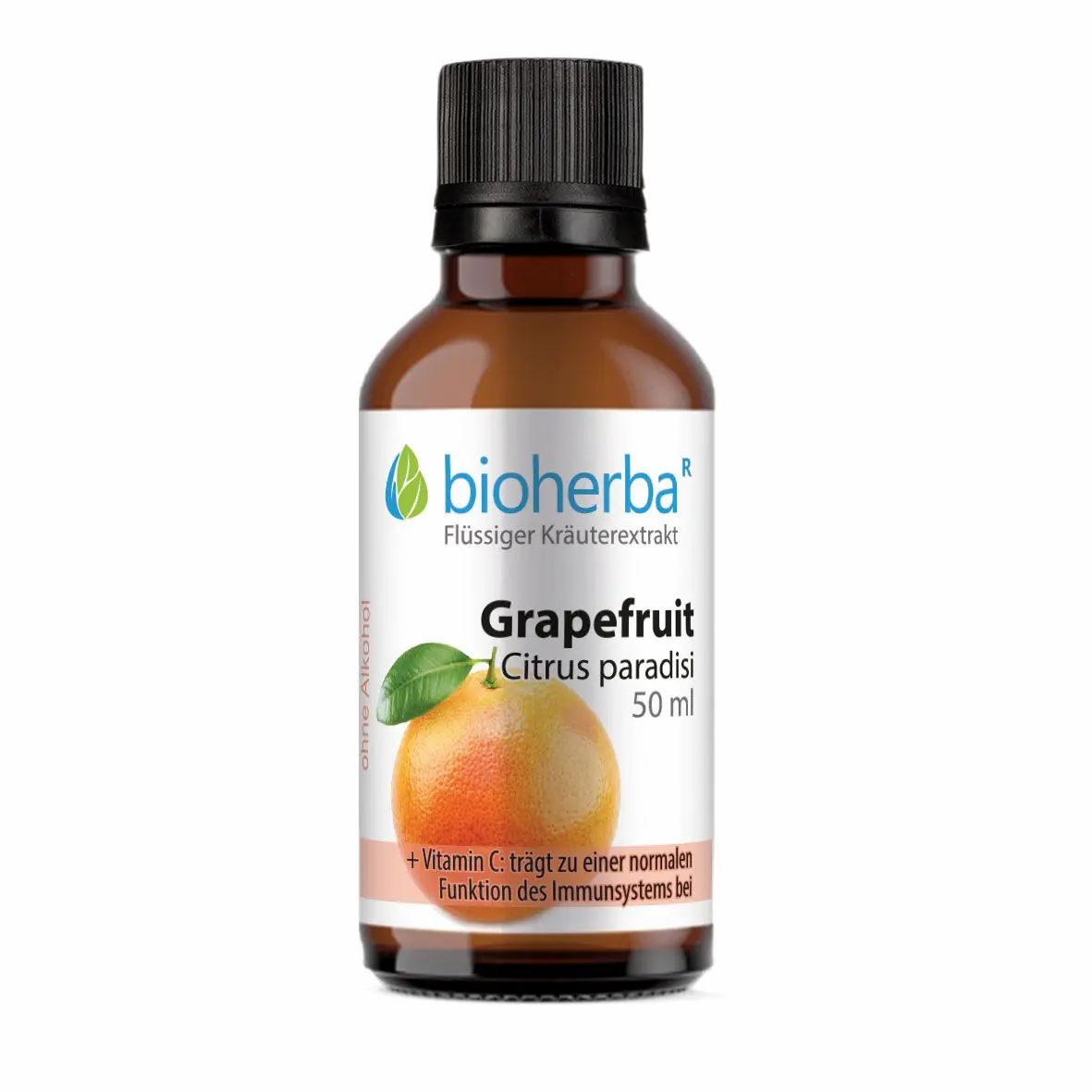 Braune Glasflasche mit schwarzem Deckel. Etikett mit Produktname, Grapefruit-Abbildung und "bioherba" Logo.