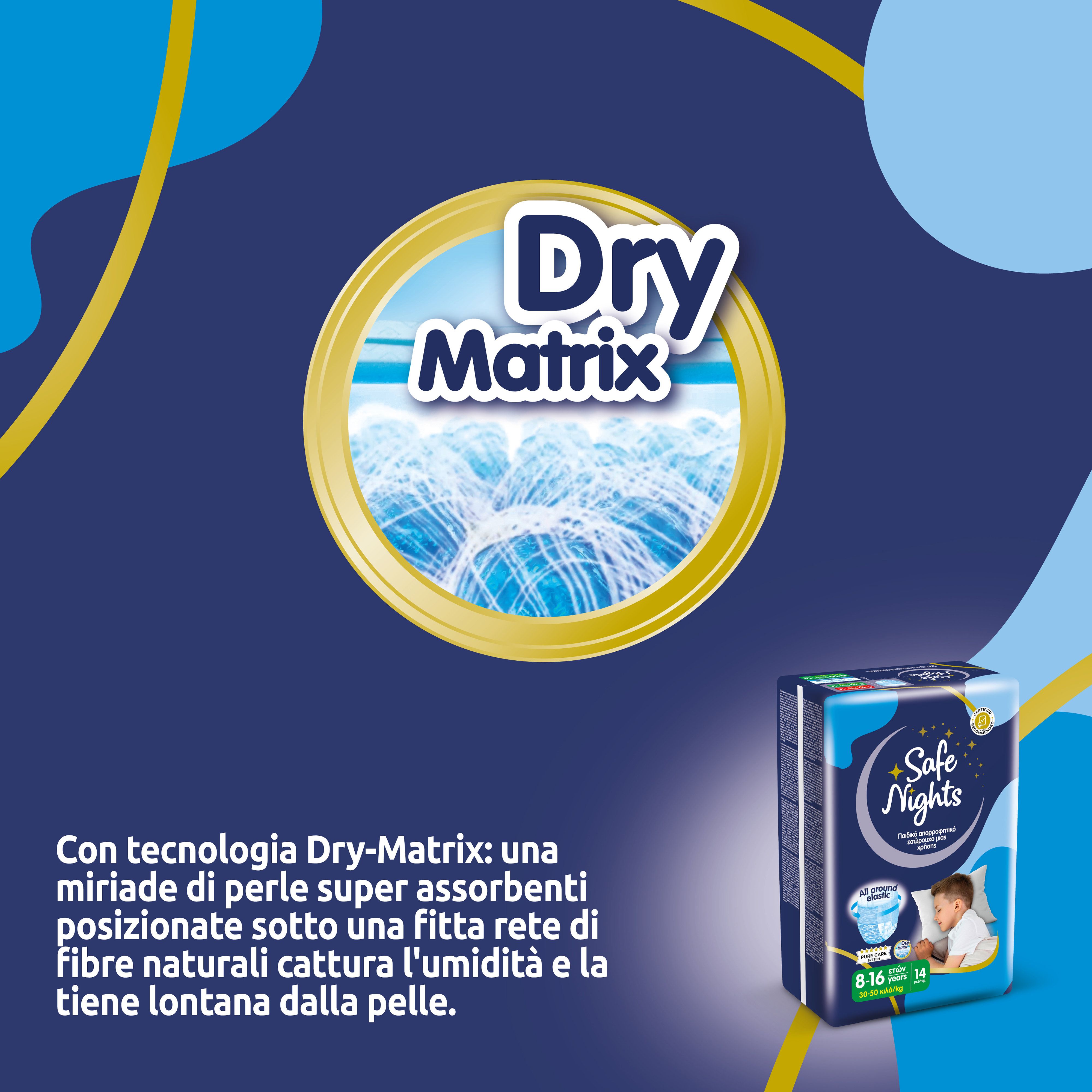 Babylino Safe Nights Boys Pants 8-16 Jahre. Dry Matrix Technologie. Verpackung mit Produktabbildung und Text.