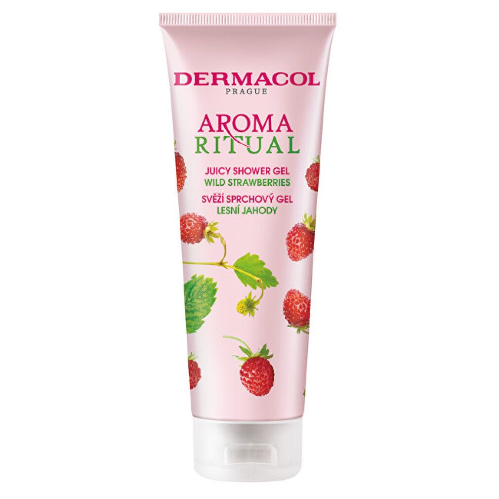 Rosa Tube mit Erdbeeren-Dekor. Text: Dermacol, Aroma Ritual, Juicy Shower Gel Wild Strawberries.