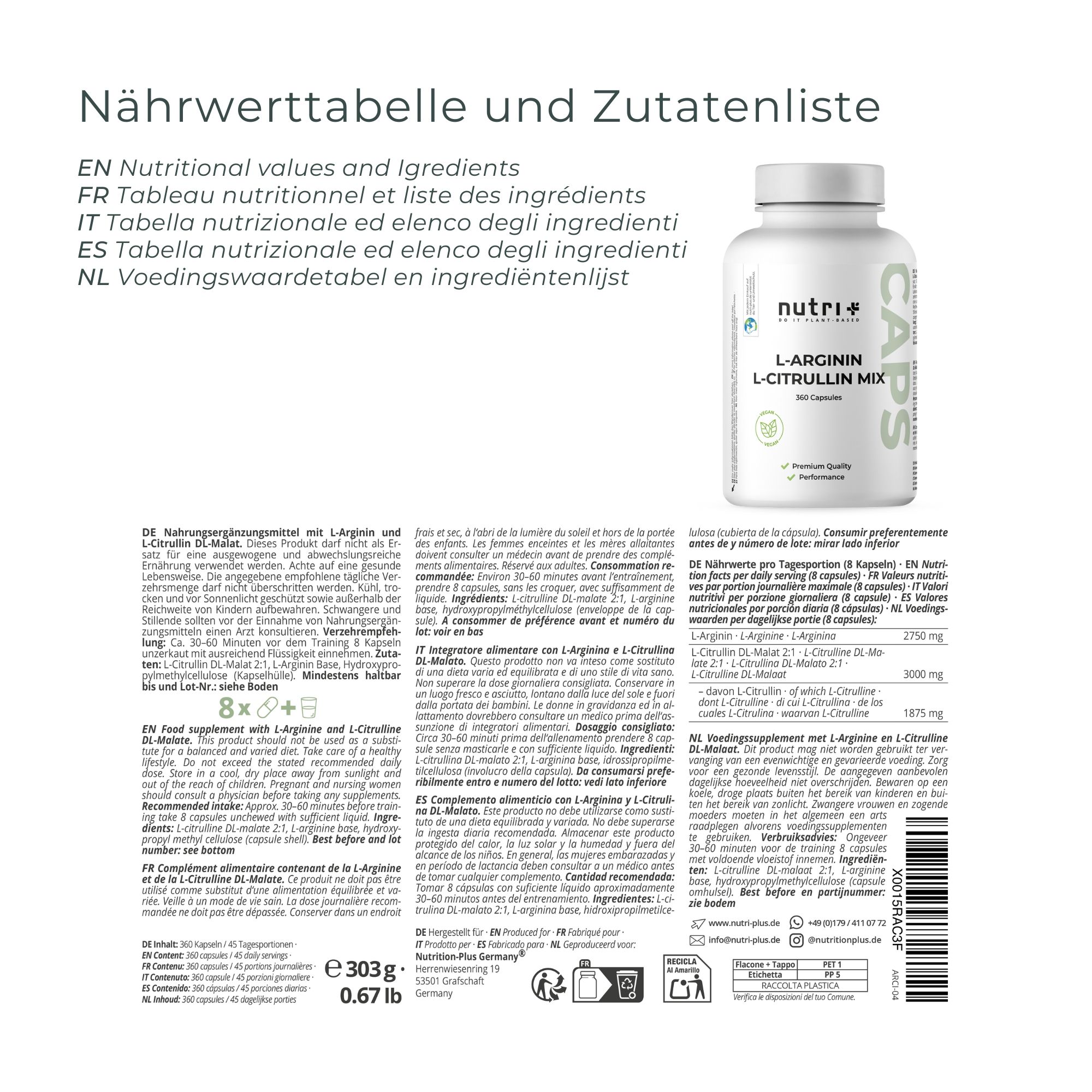 Eine Flasche nutri+ L-Arginin L-Citrullin Mix neben einer Nährwerttabelle und Zutatenliste. Text in Deutsch, Englisch, Französisch, Italienisch, Spanisch und Niederländisch.