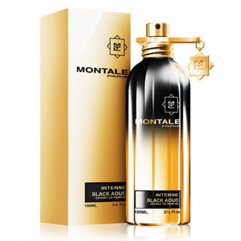 Goldfarbene Schachtel und Flakon. Schwarzer Flakon mit goldfarbenem Farbverlauf. Aufschrift: Montale Paris, Intense Black Aoud.