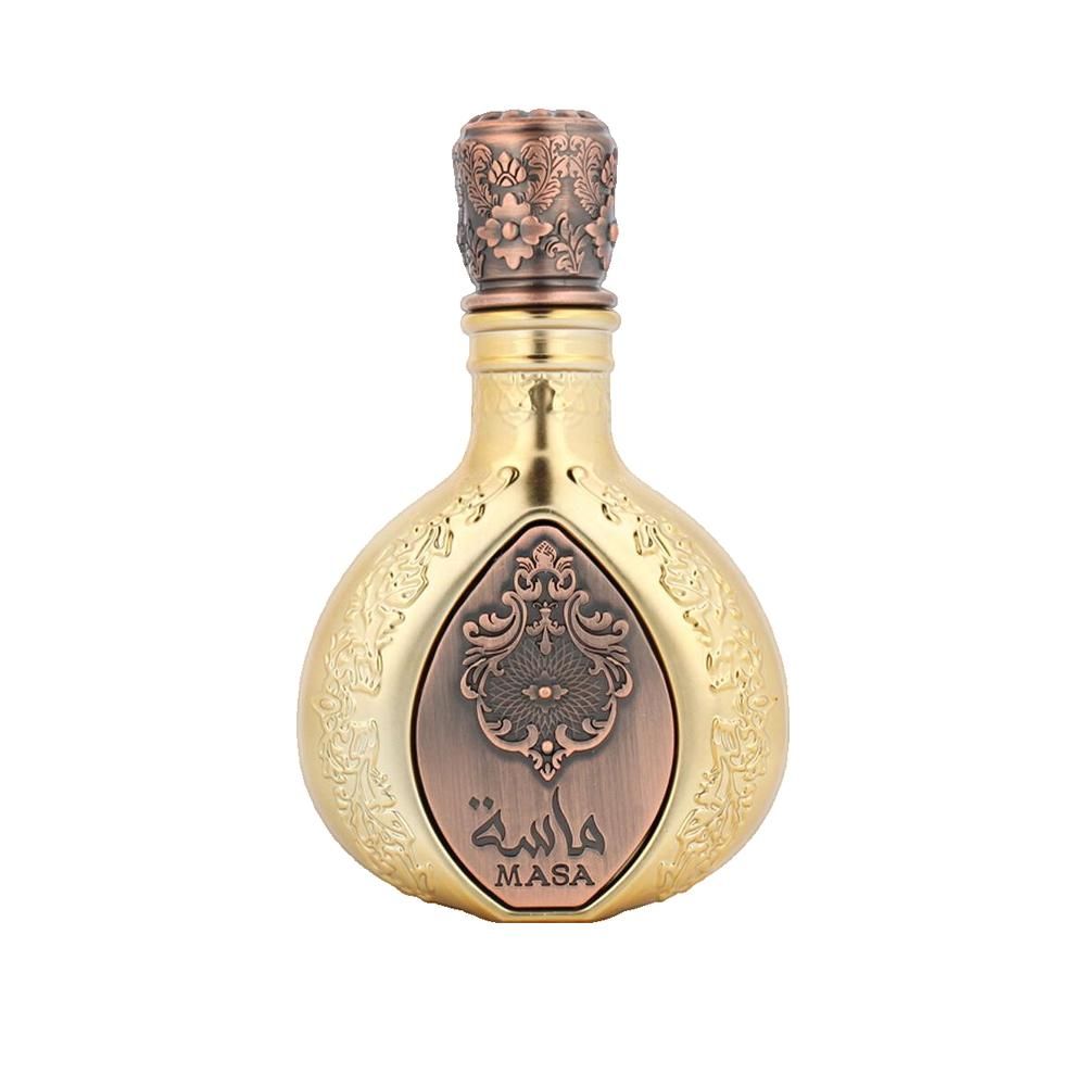 Goldfarbene Parfümflasche mit floralem Muster und kupferfarbenem Verschluss. Arabische Schriftzeichen auf dem Etikett.