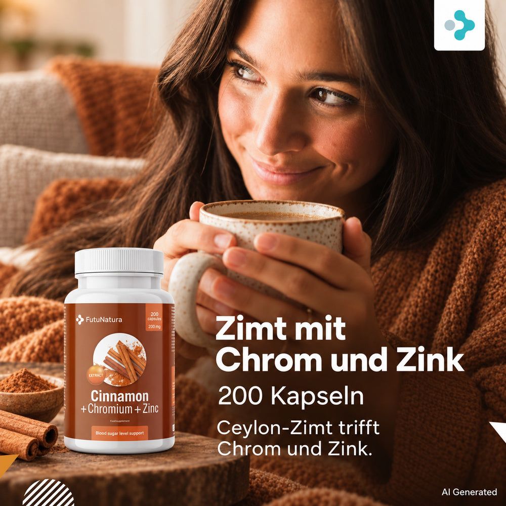 Flasche Zimt mit Chrom und Zink, Zimtstangen und Pulver. 200 Kapseln.