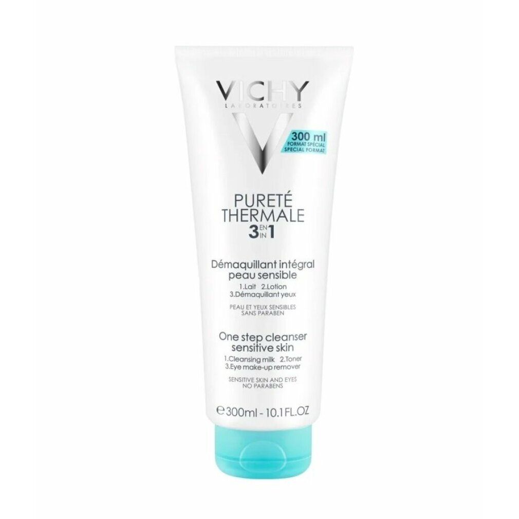 Weiße Tube mit blauem Verschluss. Aufschrift: VICHY, Pureté Thermale 3in1. Text in Deutsch und Englisch.