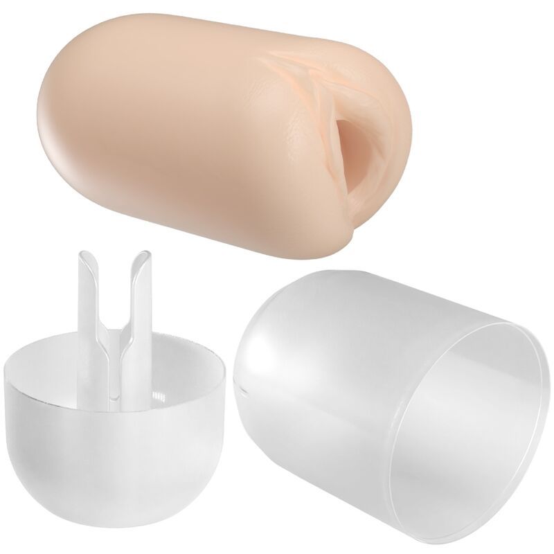 Hautfarbenes Produkt mit Öffnung, zusammen mit zwei weißen Komponenten. Keine Aufschrift.