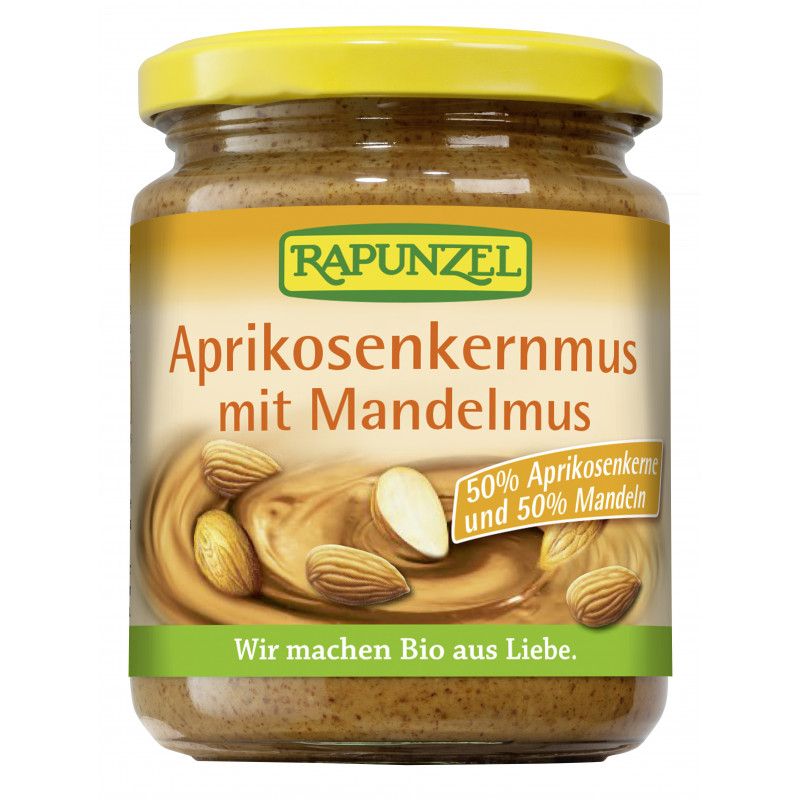 Glas mit Aufschrift "Rapunzel Aprikosenkernmus mit Mandelmus". Enthält 50% Aprikosenkerne und 50% Mandeln.