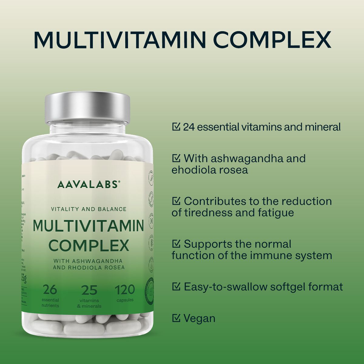 Flasche mit Kapseln. Aufschrift: AAVALABS Multivitamin Complex. 120 Kapseln. Vegan.