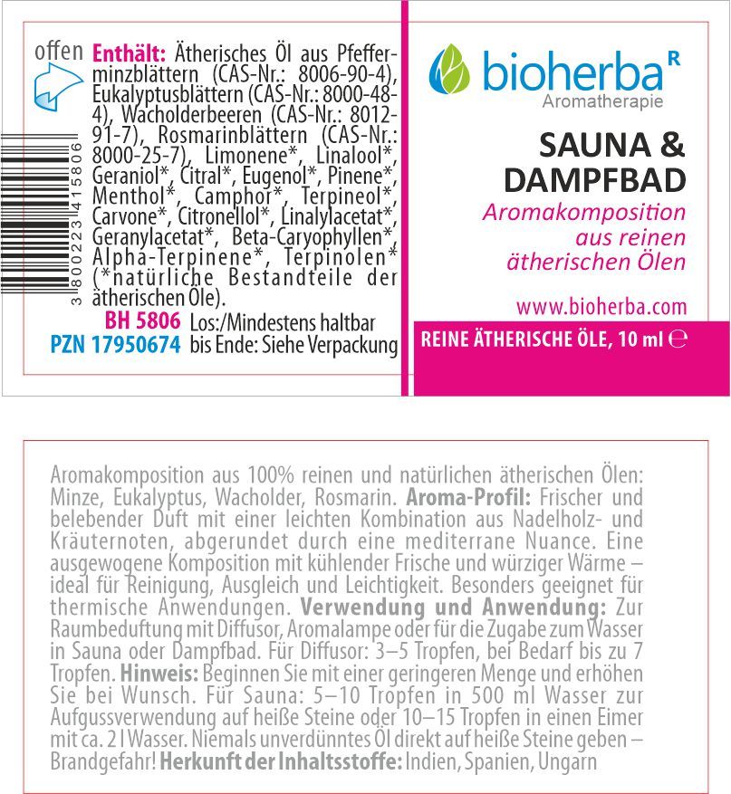 Etikett mit Produktinformationen. Enthält ätherische Öle. Text: Sauna & Dampfbad Aromakomposition. 10 ml.