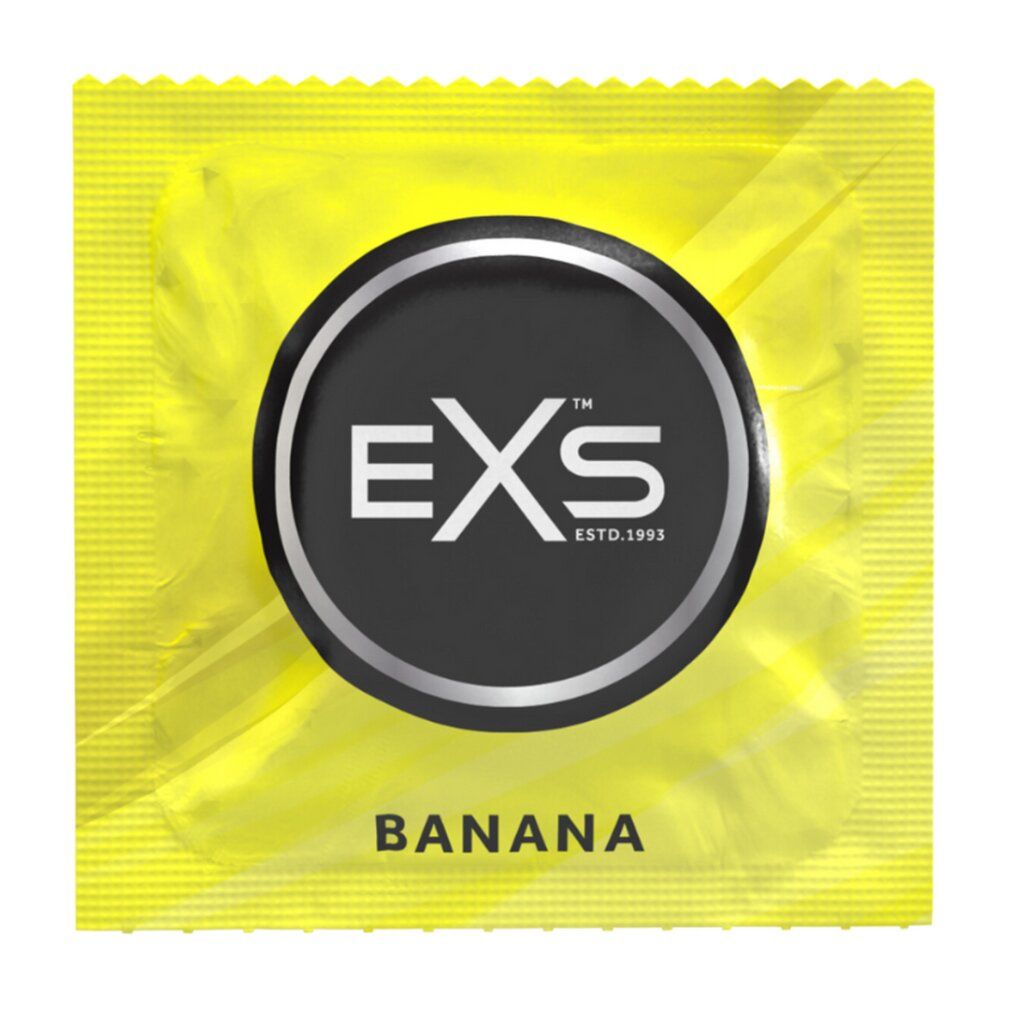 Einzelnes EXS Banana Kondom in gelber, aromatisierter Folie mit schwarzem Kreislogo.