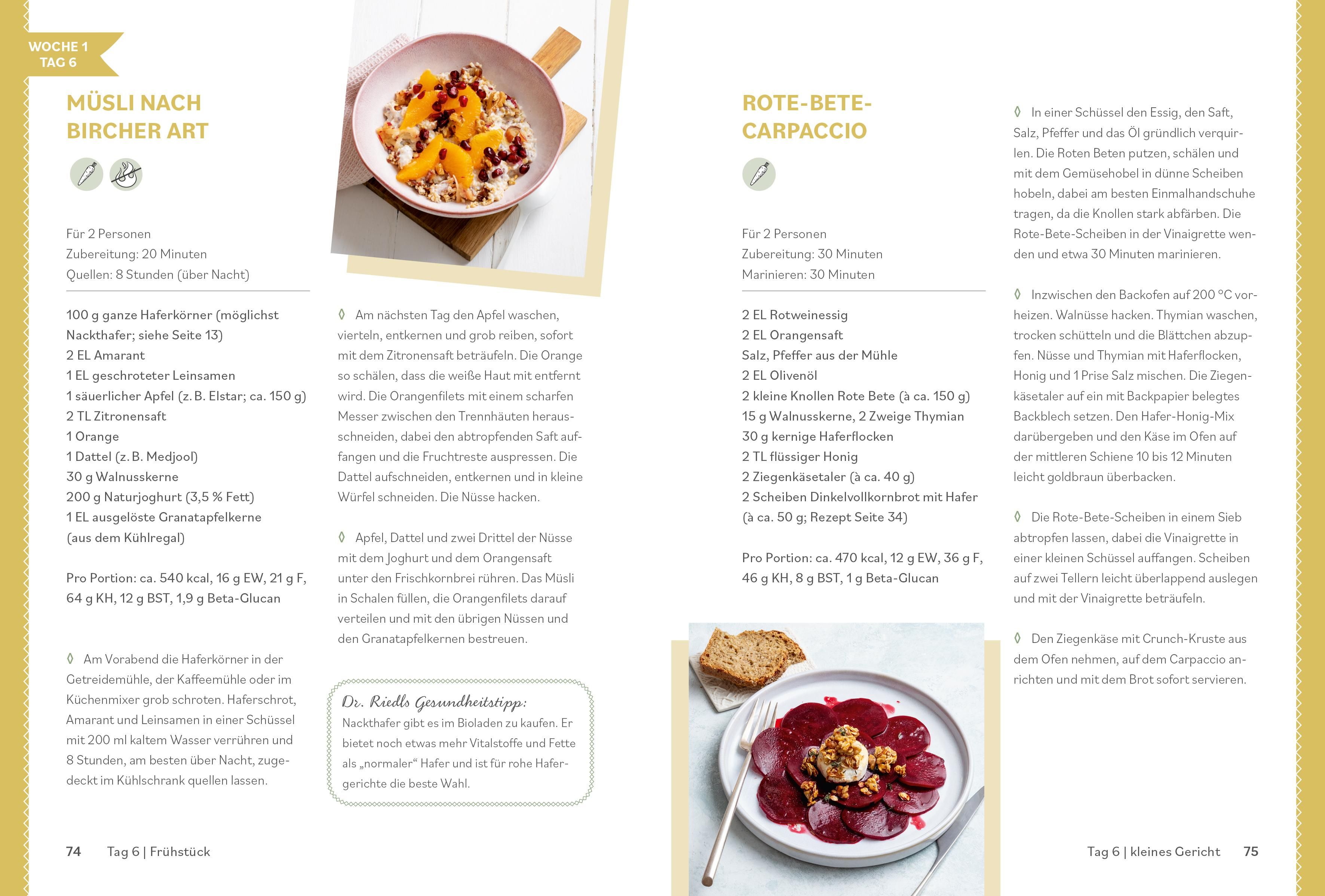 Buchseite mit Rezepten. Oben: Müsli nach Bircher Art. Unten: Rote-Bete-Carpaccio. Text und Zutatenlisten.
