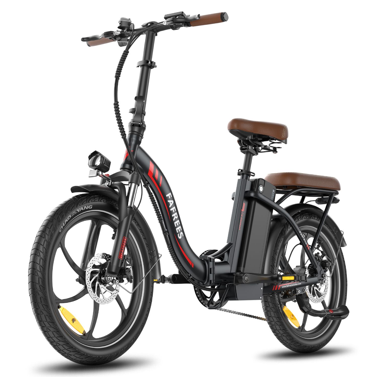 Faltbares E-Bike, schwarz mit braunem Sattel. Marke Fafrees. Sichtbare Details: Räder, Batterie, Schutzbleche, Lenker.
