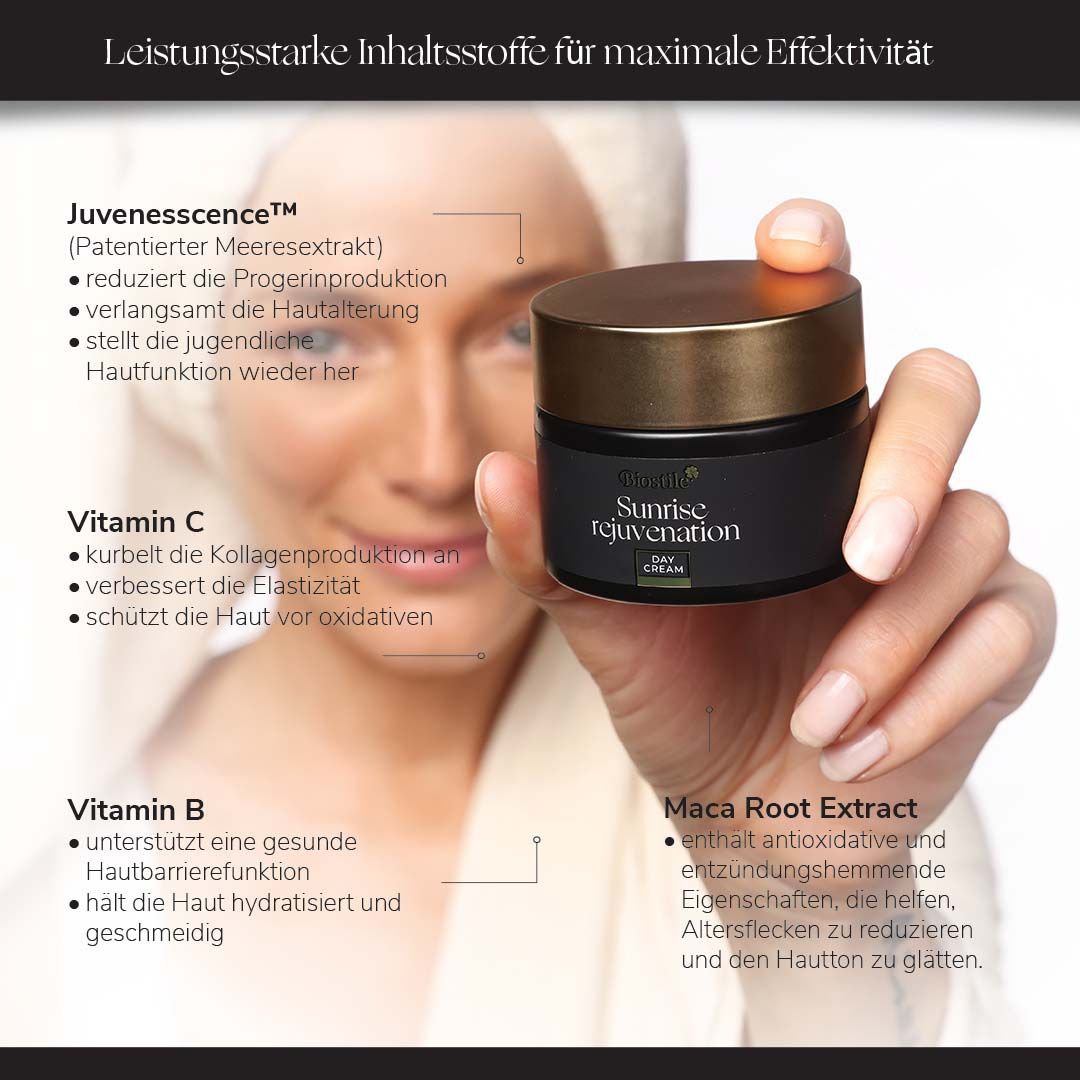 Frau hält Tiegel mit Biostile Sunrise Rejuvenation Day Cream. Text: Leistungsstarke Inhaltsstoffe.