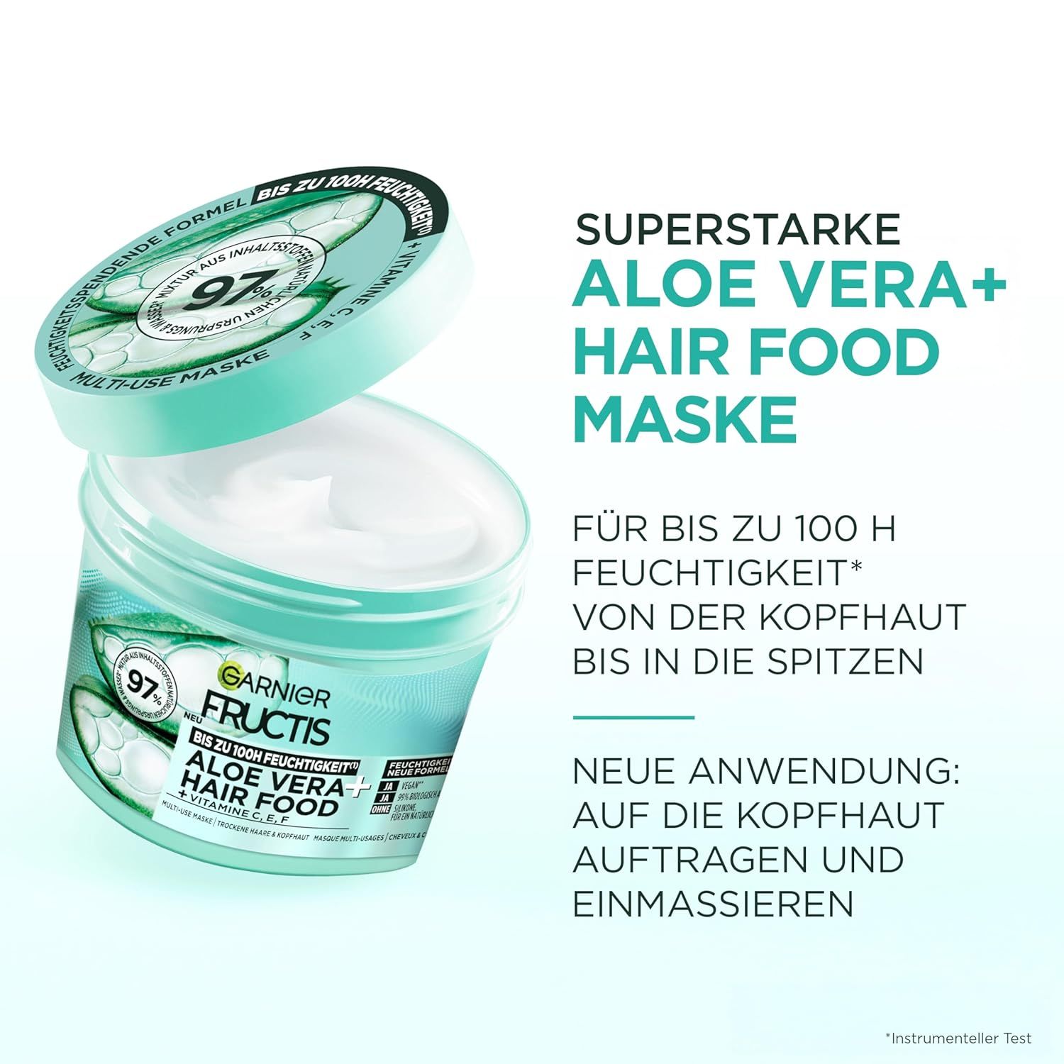 Garnier Fructis Aloe Vera Hair Food Maske, Tiegel mit Deckel. Grün-weißes Etikett mit Produktinformationen. 97% Inhaltsstoffe natürlichen Ursprungs.
