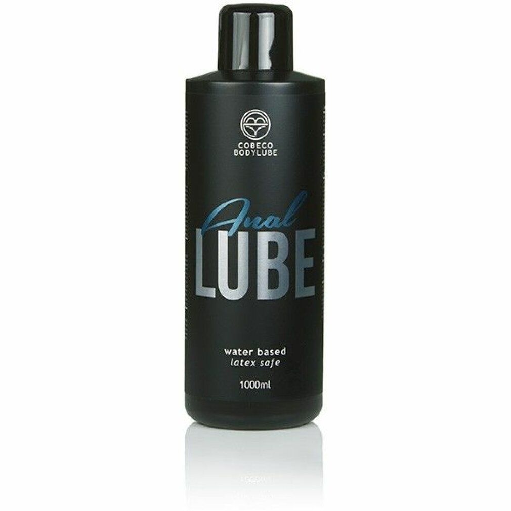 Schwarze Flasche mit "Anal LUBE" Aufschrift. Wasserbasiert, latexfrei. Marke: Cobeco Bodylube. 1000ml.