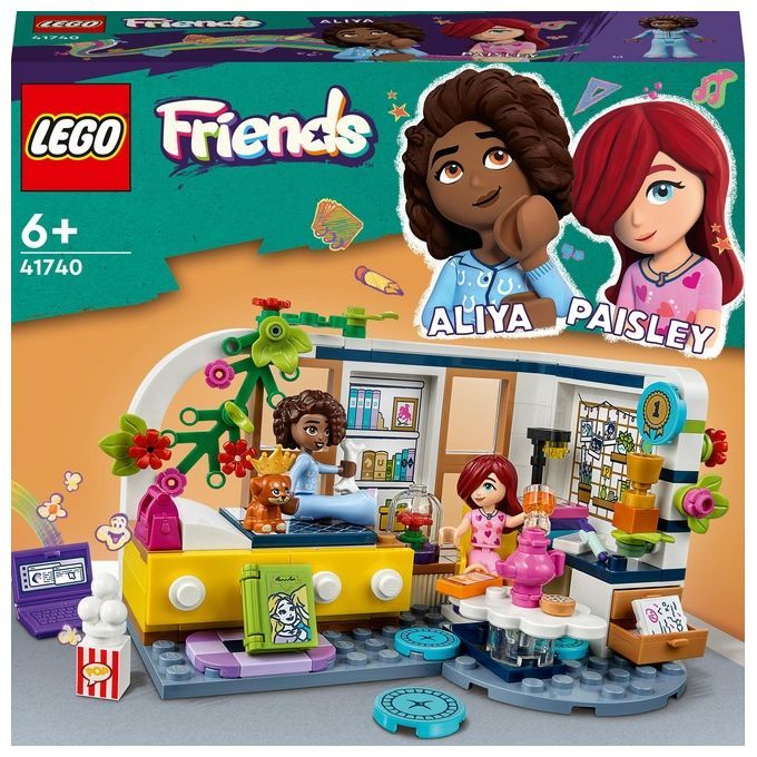 LEGO Friends 41740. Il set raffigura una camera da letto per un pigiama party. Include i personaggi di Aliya e Paisley. La confezione mostra il logo LEGO, il nome del prodotto e l'età 6+. Il set include un letto, un laptop, popcorn e altri accessori.