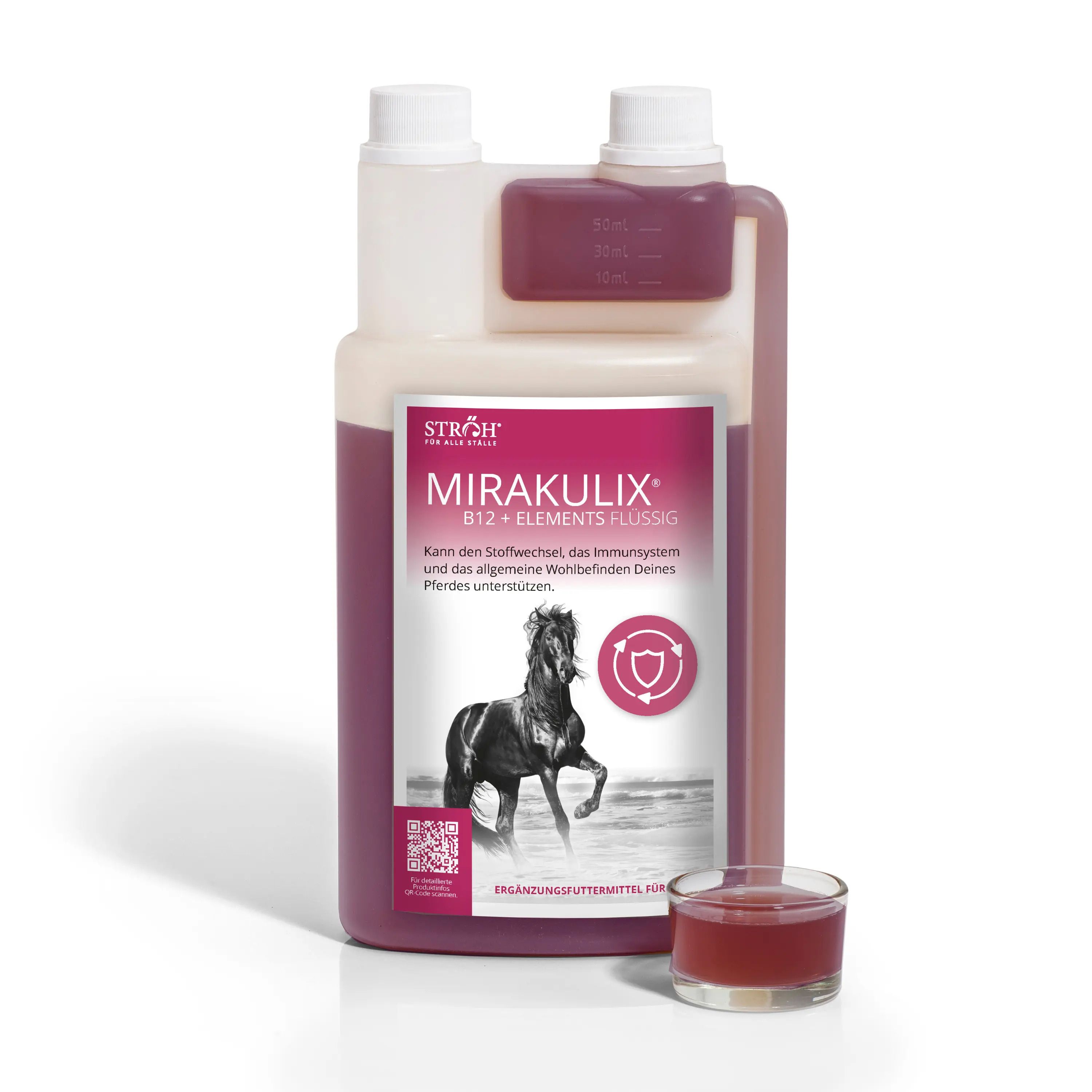 Flüssiges Ergänzungsfuttermittel MIRAKULIX B12 + ELEMENTS. Flasche mit Dosierkammer und Becher. Enthält eine rote Flüssigkeit. Pferd-Illustration.