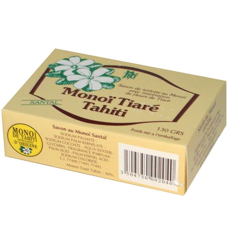 Gelbe Verpackung mit Text und Logo. "Monoi Tiare Tahiti" und "Savon au Monoi Santal" sichtbar. Barcode und Gewichtsangabe.