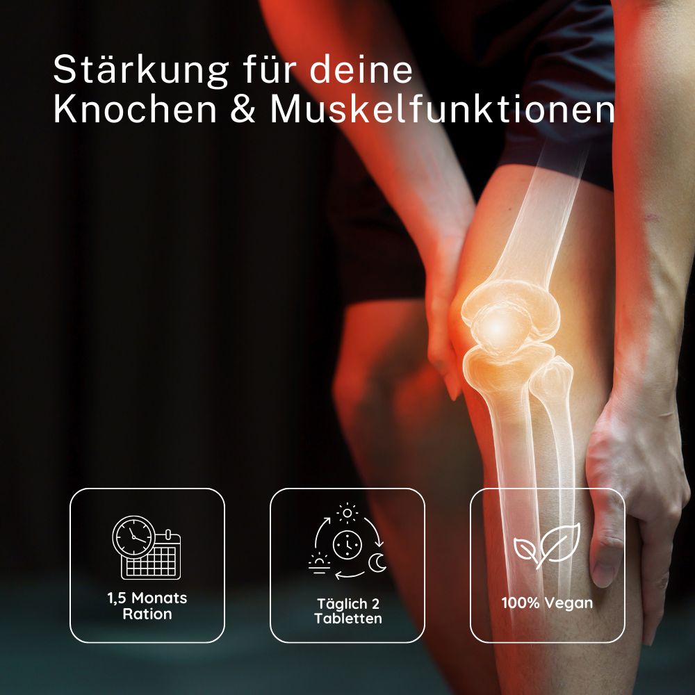Person mit Knieschmerzen. Text: "Stärkung für deine Knochen & Muskelfunktionen". Icons: 1,5 Monats Ration, Täglich 2 Tabletten, 100% Vegan.