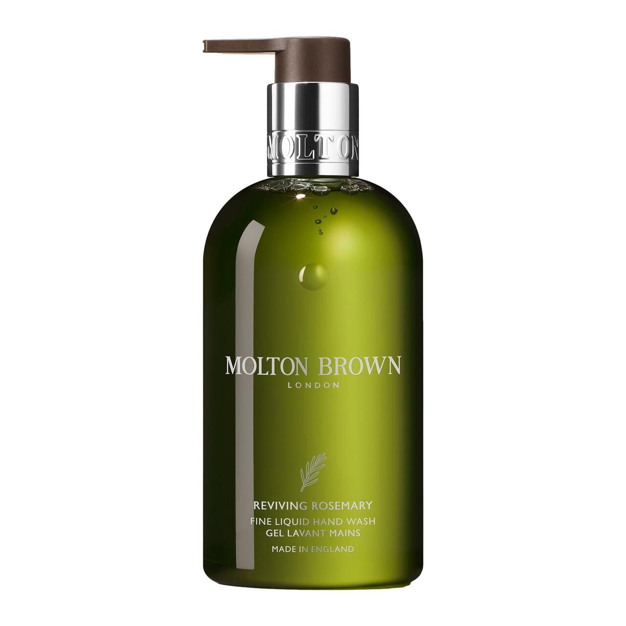 Grüne Flasche mit Pumpe. Aufschrift: Molton Brown London, Reviving Rosemary, Fine Liquid Hand Wash. Made in England.