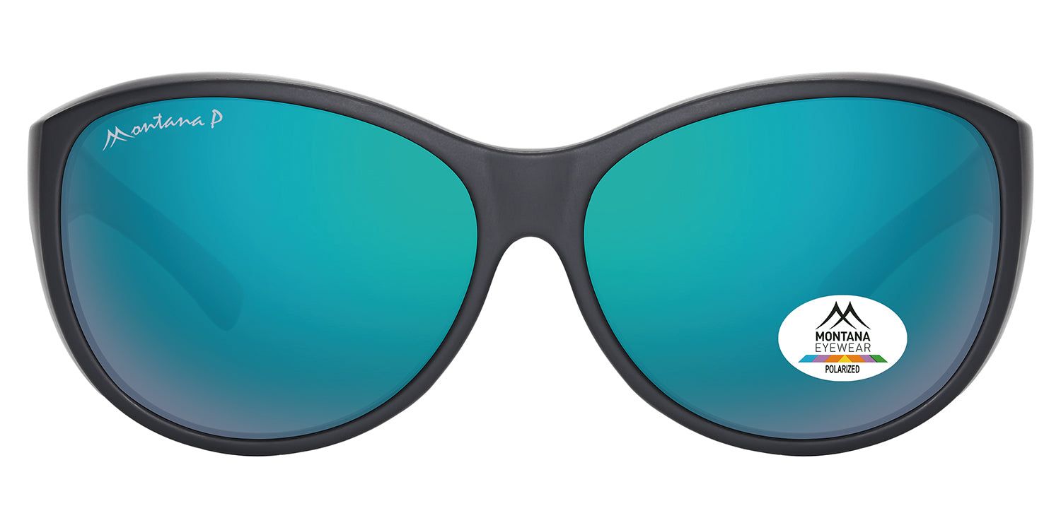 Sonnen-Überbrille mit schwarzem Rahmen und blau verspiegelten Gläsern. Logo und Polarisations-Aufkleber. Montana Eyewear.
