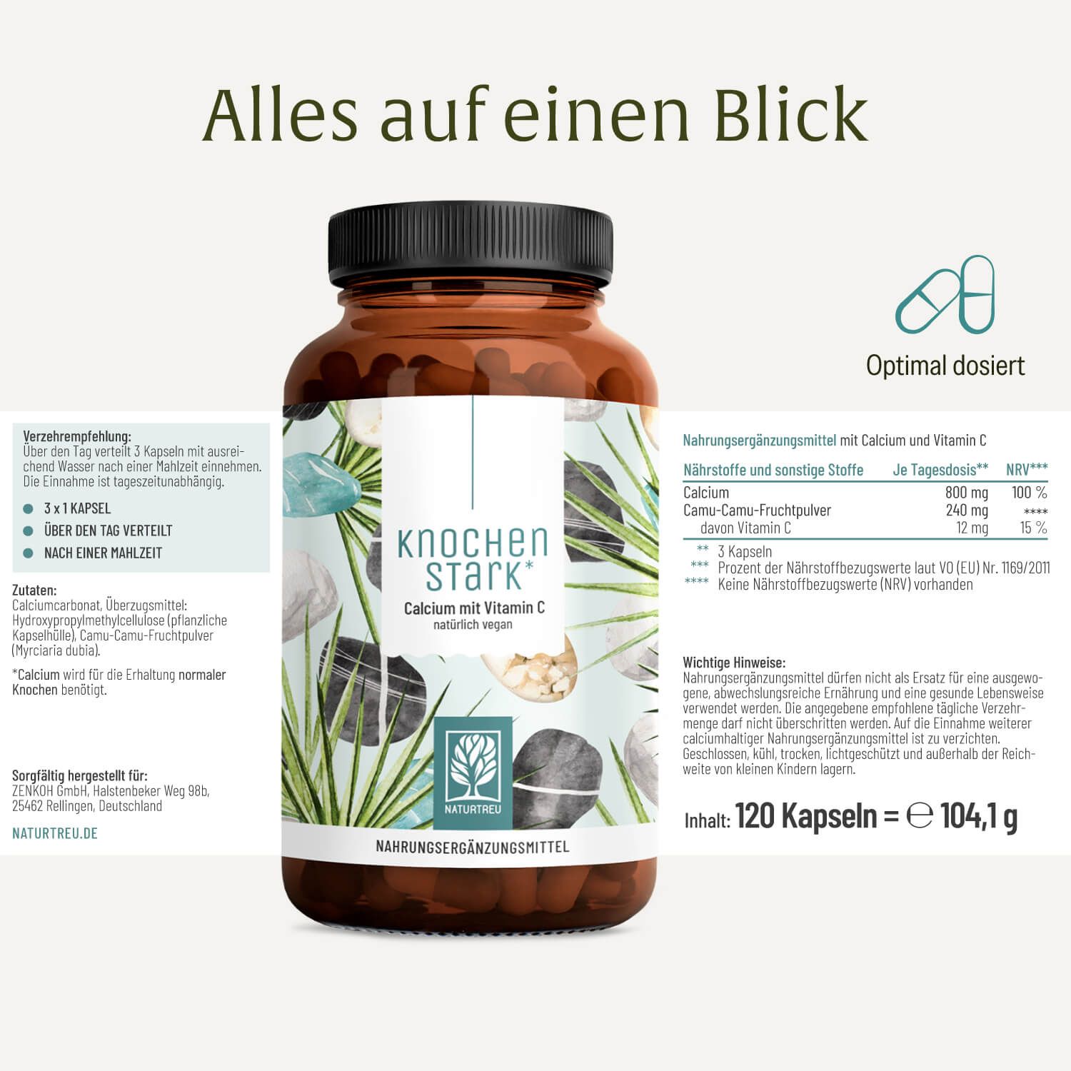 Flasche Knochenstark mit Vitamin C, detaillierte Nährwertangaben und Kapsel-Symbol.