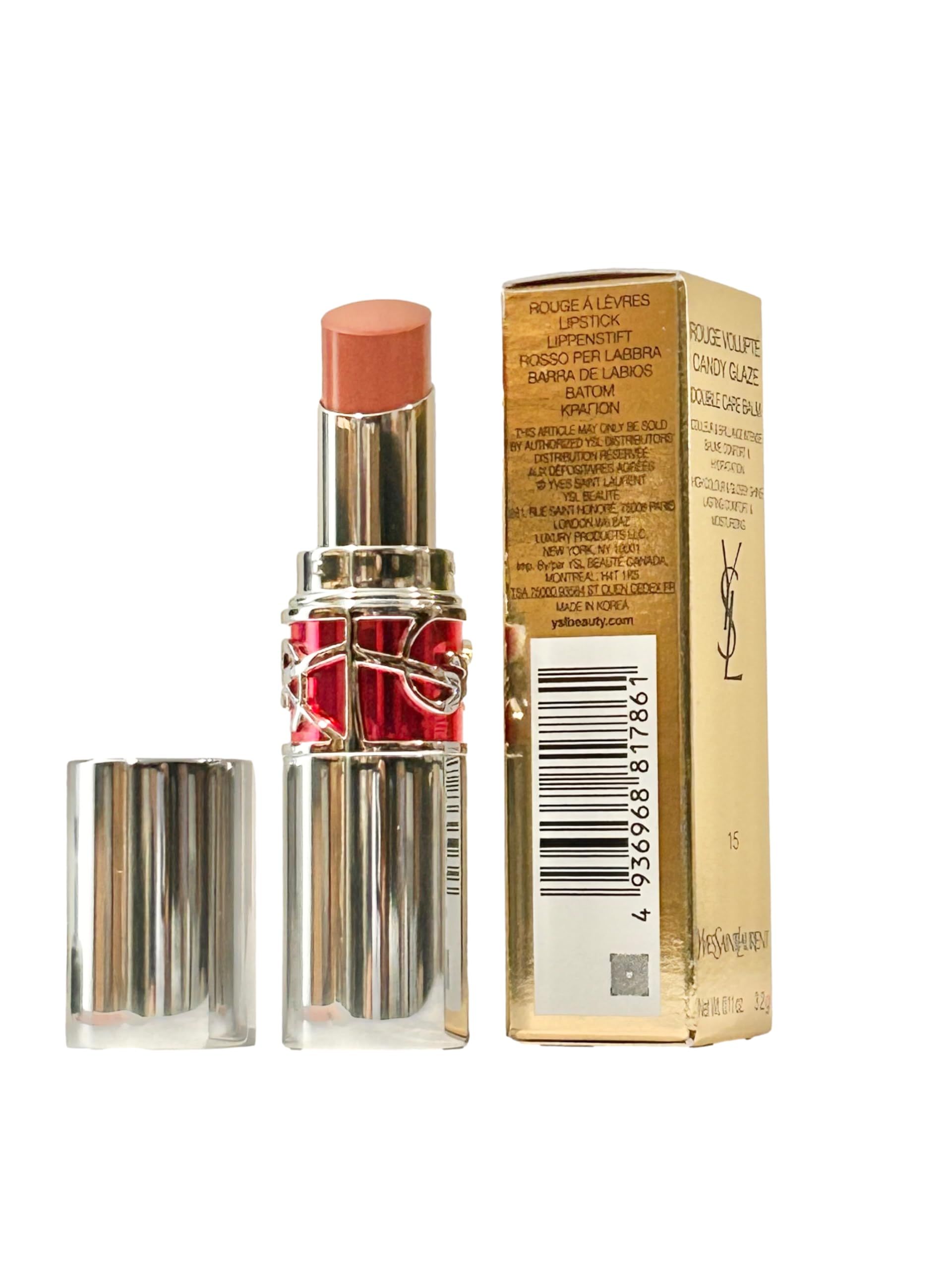 Lippenstift mit geöffneter silberner Hülse und Verpackung. Aufschrift: Rouge à Lèvres, Candy Glaze 15. YSL-Logo und Barcode.