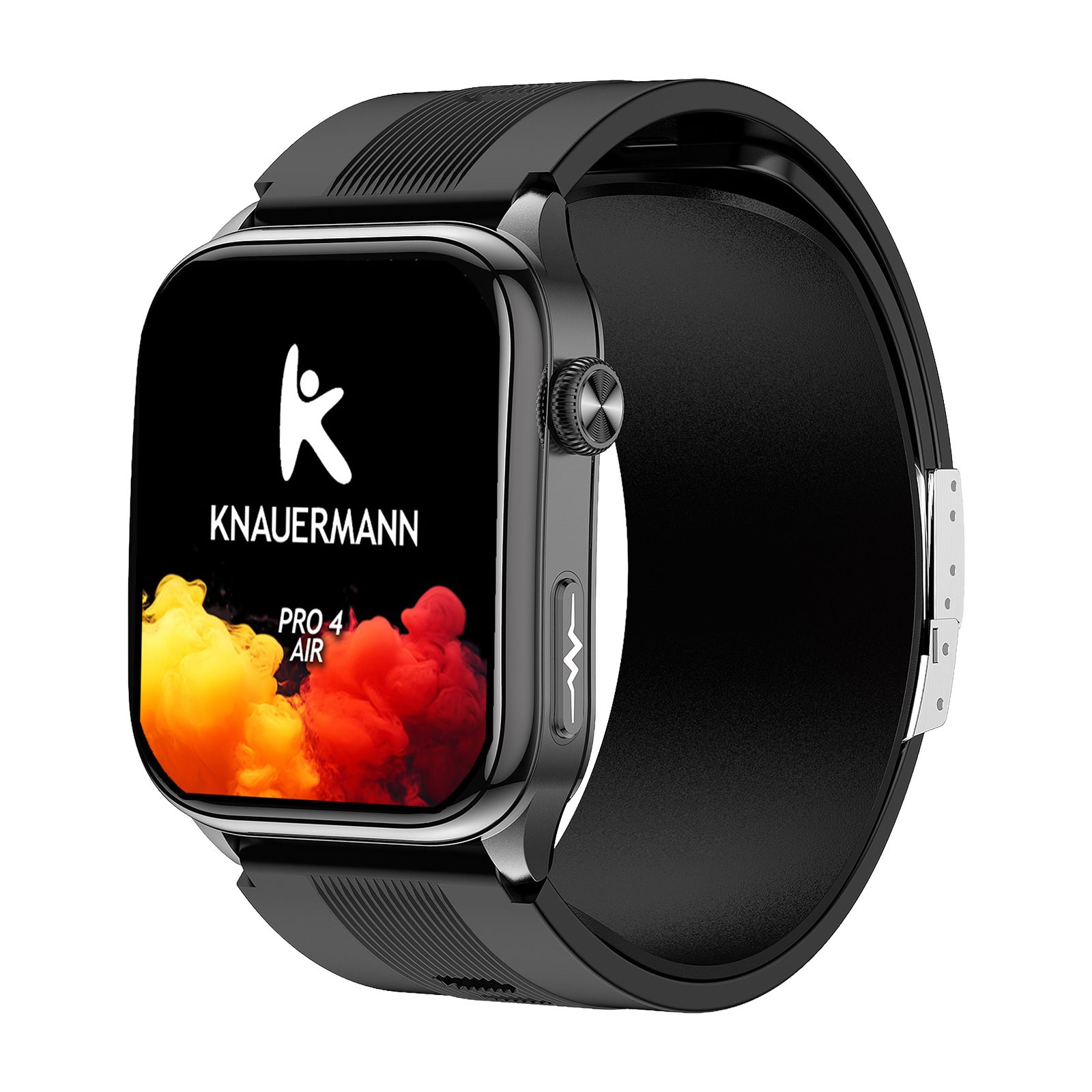 Schwarze Smartwatch mit Knauermann Logo und "PRO 4 AIR" Schriftzug.