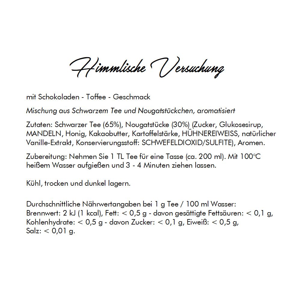Text auf weißem Hintergrund. Zutaten, Zubereitungshinweise und Nährwertangaben für Tee mit Schokolade-Toffee-Geschmack.