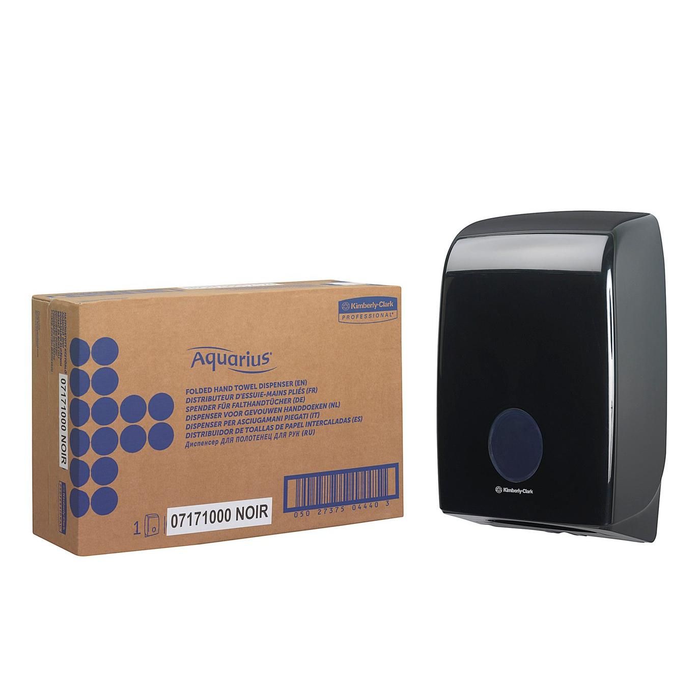 Schwarzer Handtuchspender neben Karton. Karton mit Produktnamen Aquarius und Produktbezeichnung. Spender mit rundem Knopf.