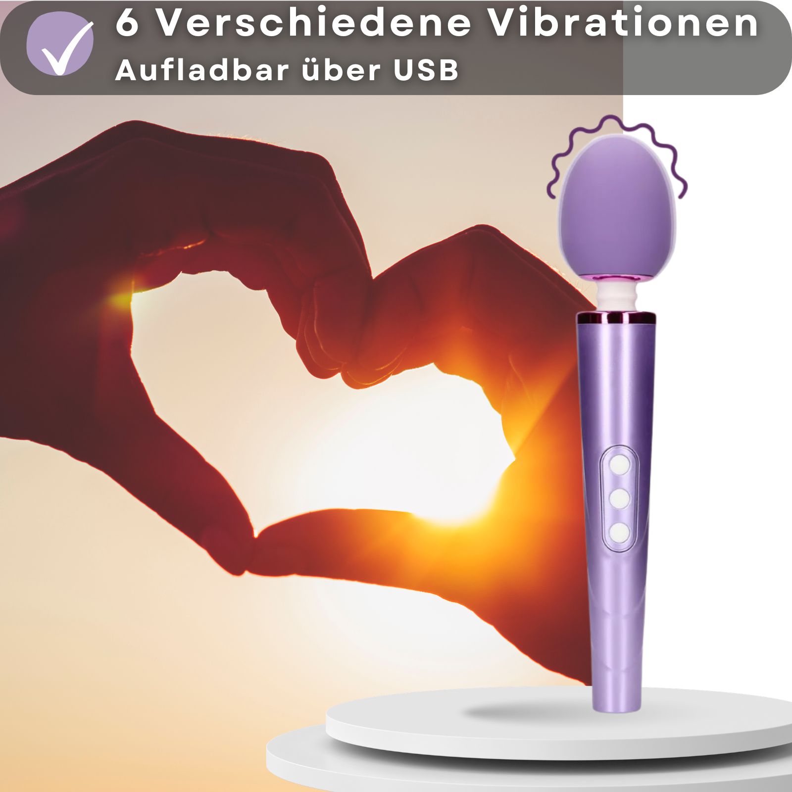 Lila Stabvibrator. Text: 6 Vibrationen, USB aufladbar. Hände.