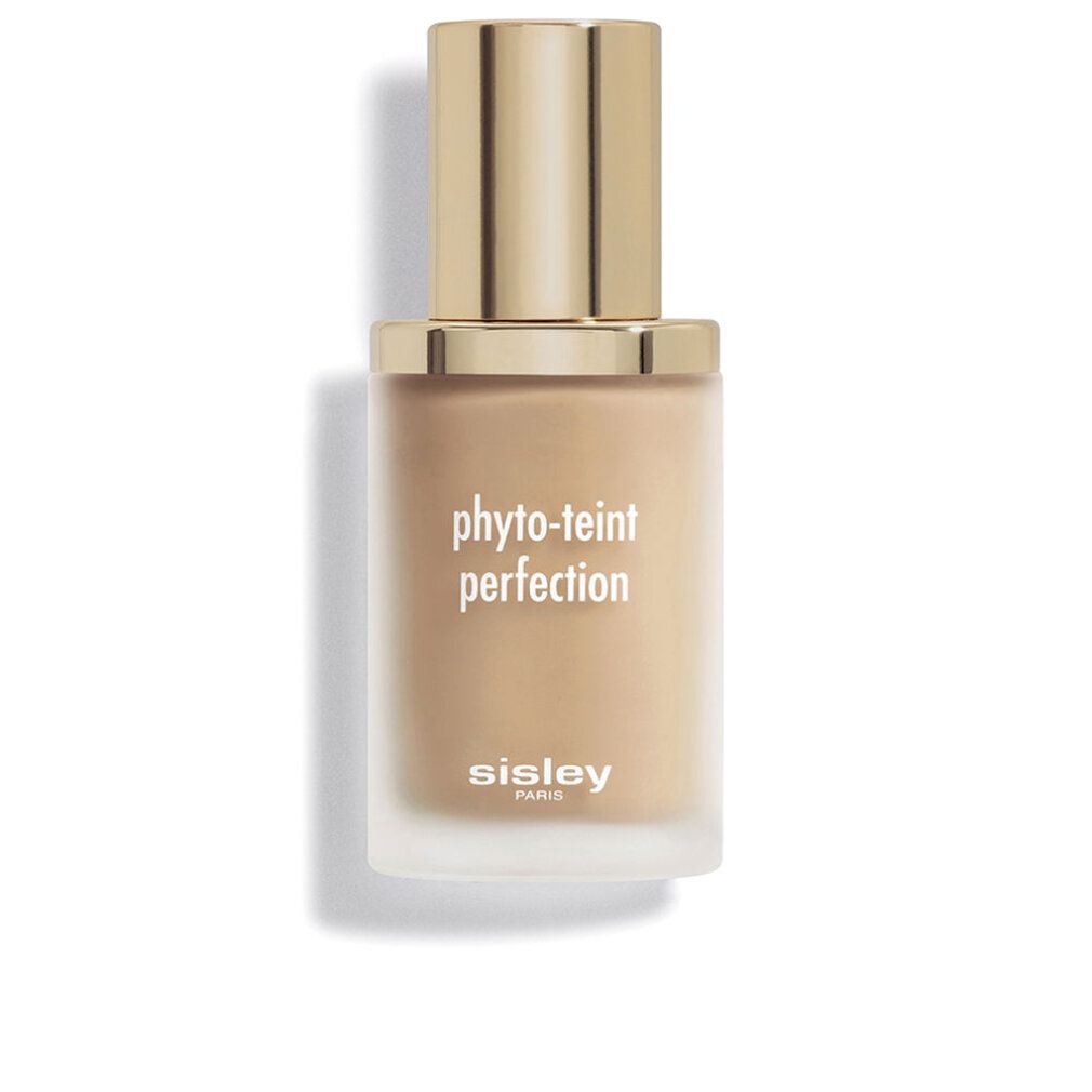 Sisley Phyto-Teint Perfection Foundation in einem Glasflakon mit goldenem Deckel. Der Farbton ist hellbraun.