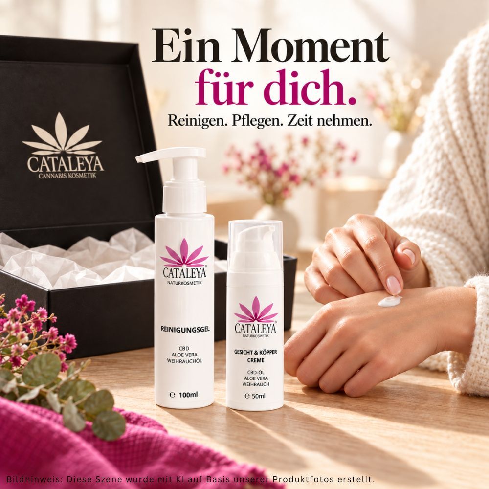 Zwei Cataleya Kosmetikflaschen: Reinigungsgel (100ml) und Gesichts- & Körpercreme (50ml).