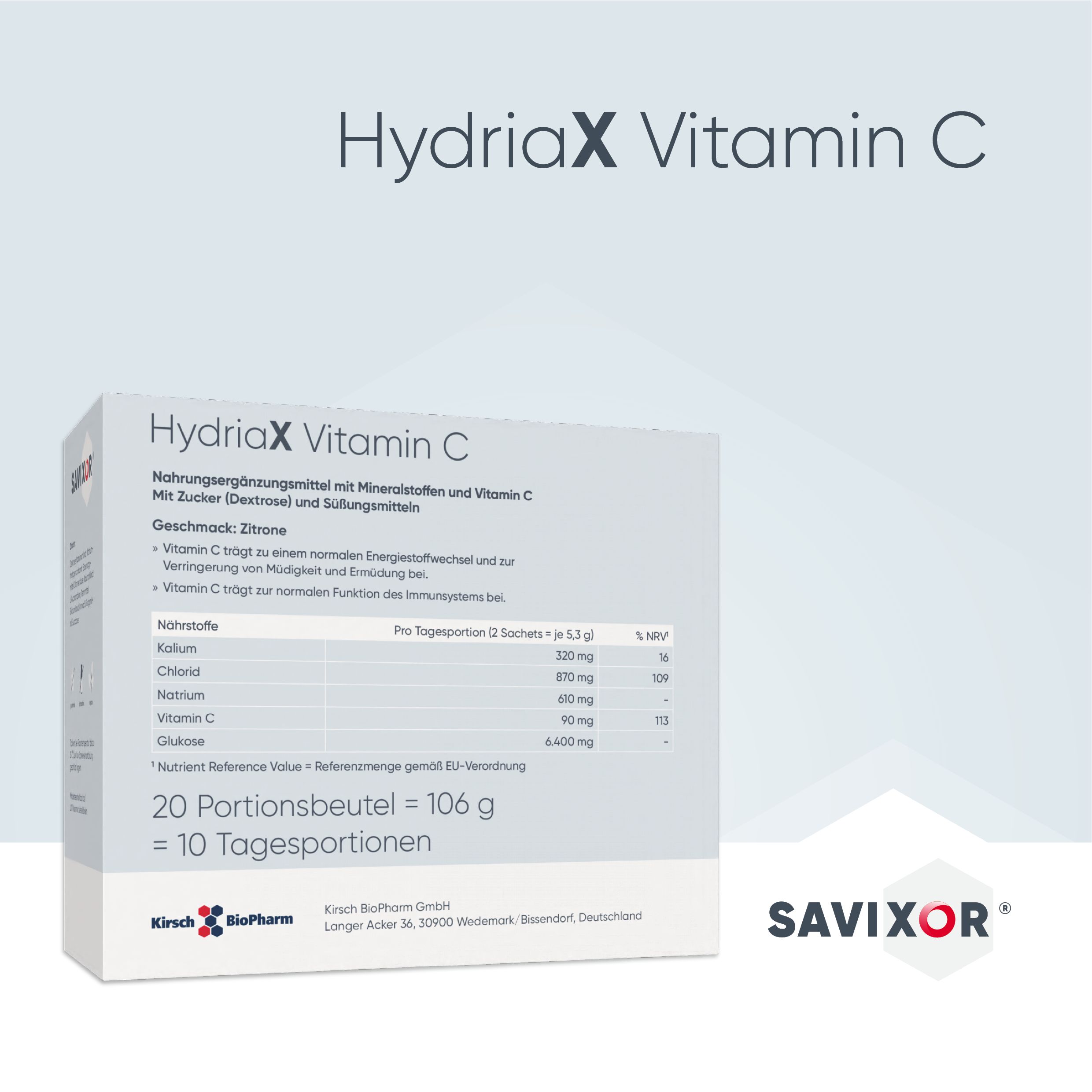 Packung Savixor HydriaX Vitamin C. Enthält 20 Portionsbeutel. Aufschrift: HydriaX Vitamin C, Kirsch BioPharm, Nährwerttabelle.