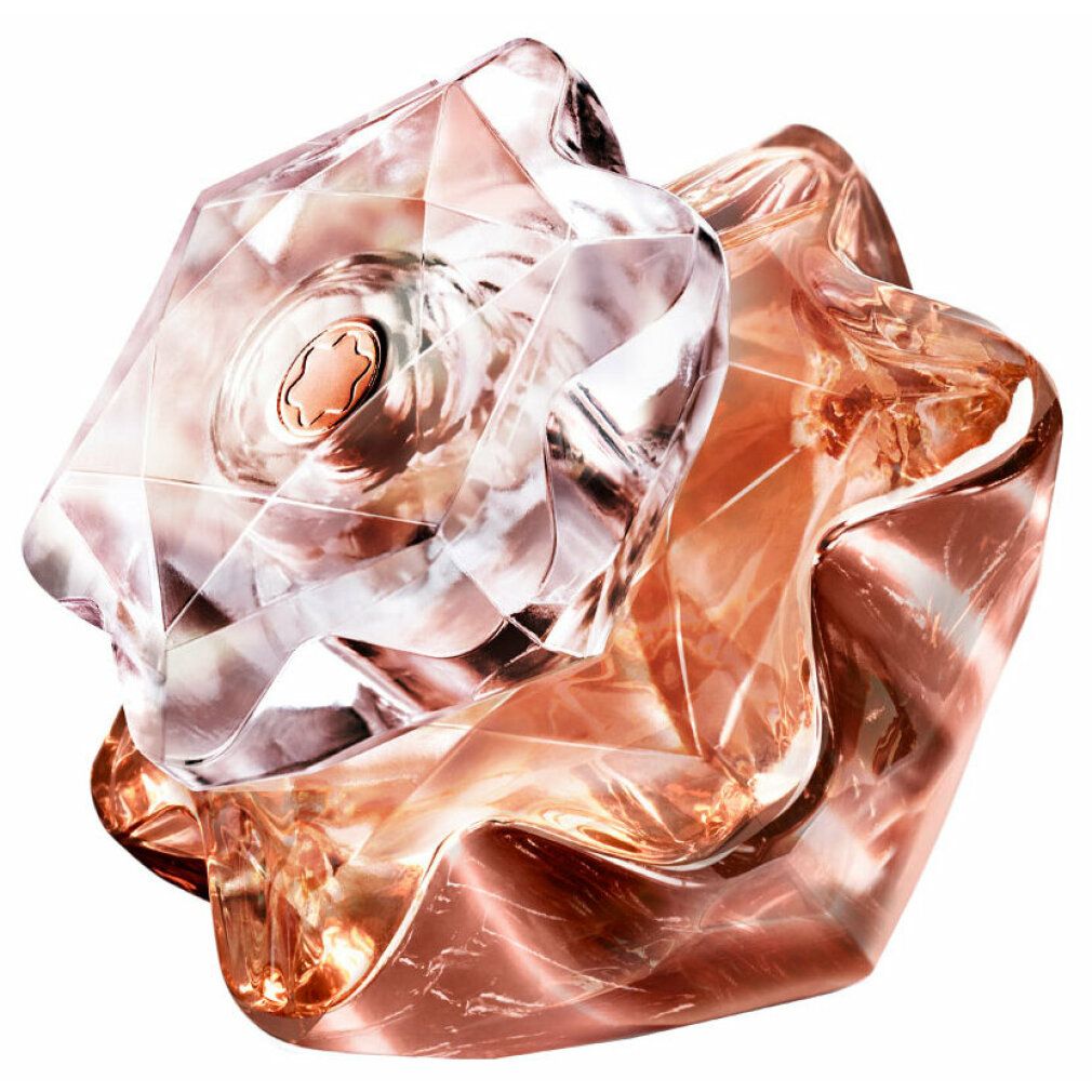 Parfümflakon mit roségoldfarbenem, blütenförmigem Design und transparentem Deckel. Montblanc-Logo sichtbar.