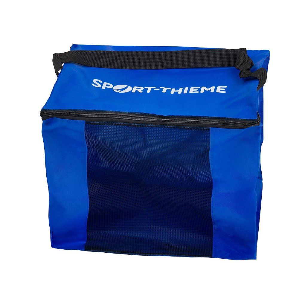 Blaue Tragetasche mit dem Schriftzug SPORT-THIEME. Die Tasche hat einen schwarzen Reißverschluss und ein Netzfach.